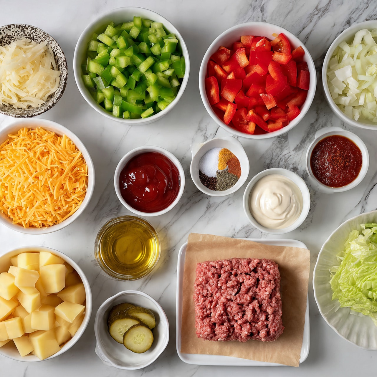 The image shows many small white bowls and a plate on a white marbled surface. At the center is a square of raw ground beef on light brown parchment paper. Around it are various ingredients in white bowls: green and red chopped bell peppers, pale yellow cubed potatoes, shredded orange cheddar cheese, chopped white onion, bright red diced tomatoes, and green lettuce. Small white bowls hold mayonnaise, spices with red and black powders, honey, garlic, Dijon mustard, ketchup, apple cider vinegar, Greek yogurt, olive oil, and sliced pickles in a small patterned bowl. Each ingredient is clear and colorful, arranged neatly in a flat lay style. photo taken with an iphone --ar 4:5 --v 7