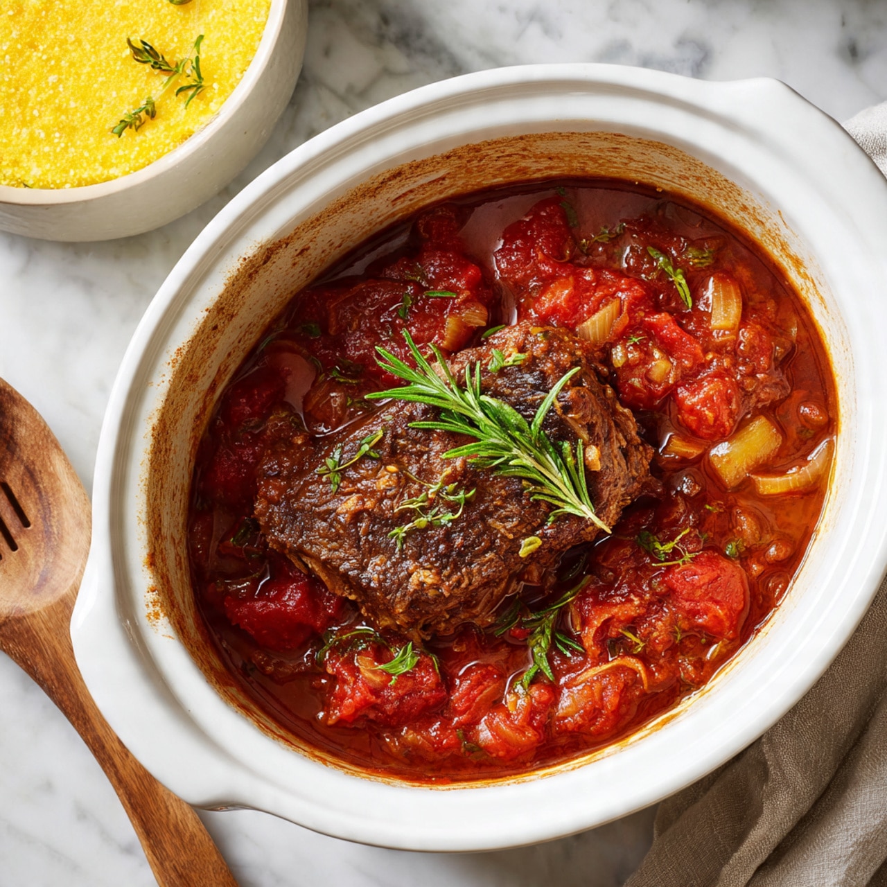 The image shows a white slow cooker filled with a rich, dark brown meat piece surrounded by chunky red tomato sauce mixed with soft onion slices. The edges of the cooker have some brown stains from cooking, adding to the rustic look. In the background, there is a partial view of a white bowl containing yellow polenta and a wooden spoon on a white marbled surface. photo taken with an iphone --ar 4:5 --v 7