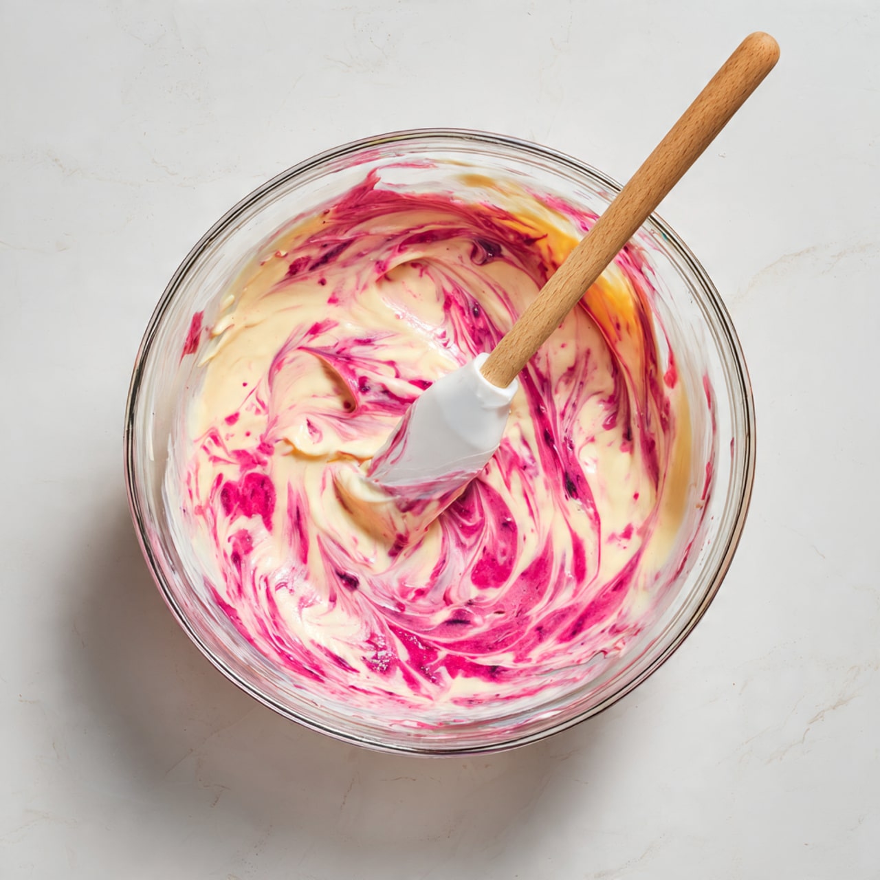 A round bundt cake pan filled with a swirled batter showing two main layers: a creamy light beige base mixed with pinkish berry streaks gently folded throughout, creating a marbled effect with rough texture. The pan is gray with a decorative wavy edge and two handles, sitting on a white marbled surface. The batter is spread evenly but not smoothed, with visible berry bits dotted across the pink layers, forming soft, uneven waves inside the pan. Photo taken with an iphone --ar 4:5 --v 7