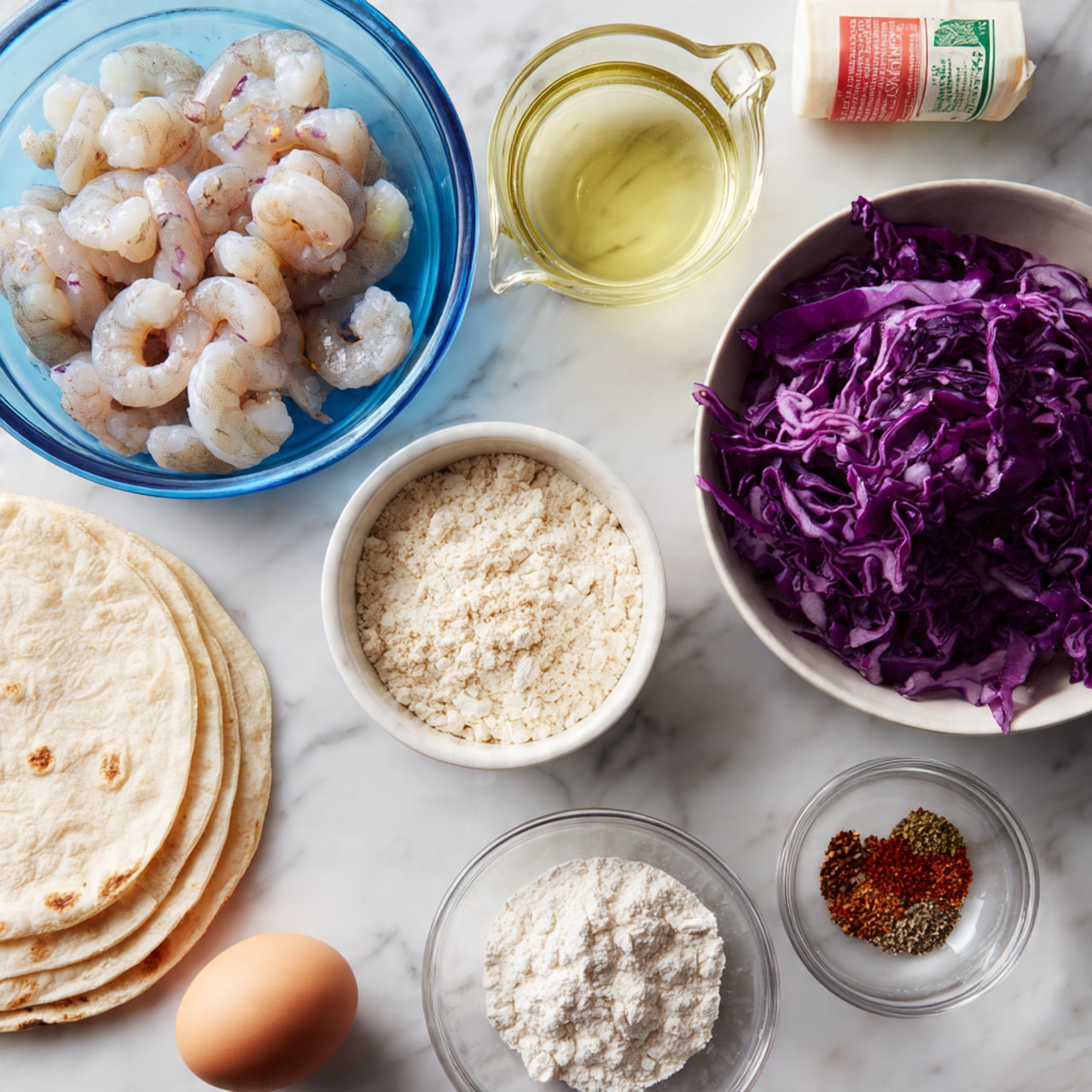 A clear glass bowl holds a bright blue package of raw shrimp on a white marbled surface. Next to it is a white bowl filled with roughly chopped purple cabbage, its vibrant color standing out. Nearby is a clear glass measuring cup filled with a pale yellow liquid, likely oil. A white flour tortilla pack with red, green, and yellow label colors lies to the side. In front of the larger items, there are smaller bowls and dishes holding various ingredients: one white bowl with light tan crumbs, another white bowl with off-white flour, a small clear bowl with a single brown egg, and a small clear dish containing mixed spices in brown, red, and white shades. Everything is arranged neatly on a white marbled surface. photo taken with an iphone --ar 4:5 --v 7
