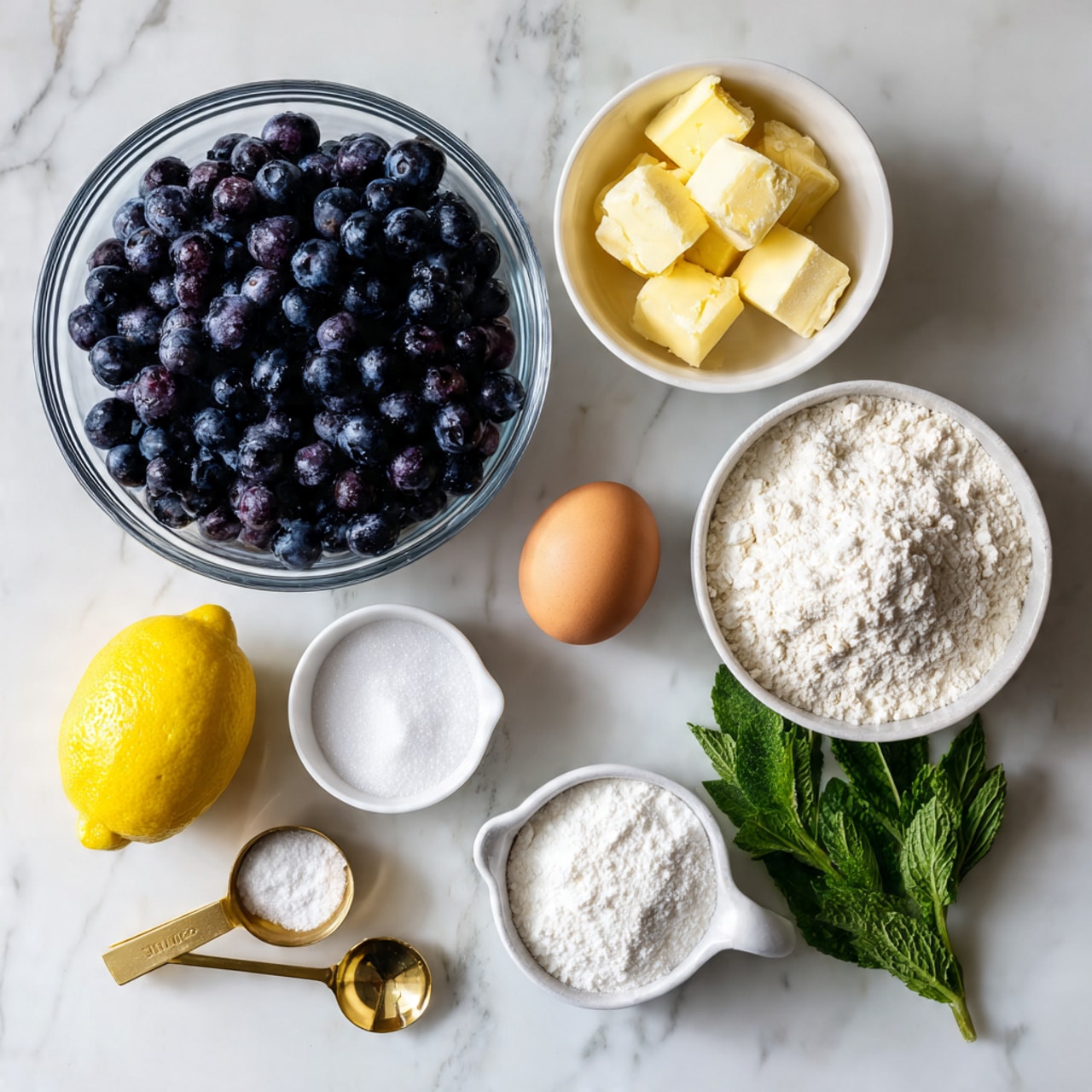A top view of several baking ingredients arranged on a white marbled surface: a large clear glass bowl filled with dark blue blueberries sits in the center; above it to the right is a small white bowl with pale yellow butter chunks, next to an uncracked brown egg; to the left of the blueberries is a medium white bowl with white flour; below the flour is a whole bright yellow lemon; below the lemon and to the left are two gold measuring spoons, one holding white granulated sugar and the other with a small amount of white powder; next to the sugar spoon is a small white cup with white baking powder; at the lower right corner is a small bunch of green mint leaves. Photo taken with an iphone --ar 4:5 --v 7