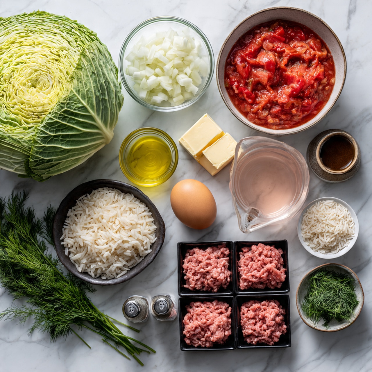 A group of cooking ingredients is arranged on a white marbled surface. On the left, a large green cabbage with visible veiny leaves lies whole. Next to it, a small glass bowl filled with chopped white onions sits near a small square piece of pale yellow butter in a glass container. A clear glass cup of light yellow canola oil stands nearby, accompanied by a bowl of peeled garlic cloves. In the center, a large round bowl contains bright red crushed tomatoes, and a smaller glass holds pinkish water taken from rinsing a tomato can. Below, a small round dish holds a dark brown paste labeled beef bouillon, placed between two black plastic trays, each holding fresh-looking pink ground beef and ground pork. Small bowls with uncooked light beige rice, green chopped parsley, and fresh dill add color contrast. Finally, glass containers of salt and pepper, marjoram, and a single brown egg complete the scene, all spread neatly with black text labels identifying each ingredient. Photo taken with an iphone --ar 4:5 --v 7