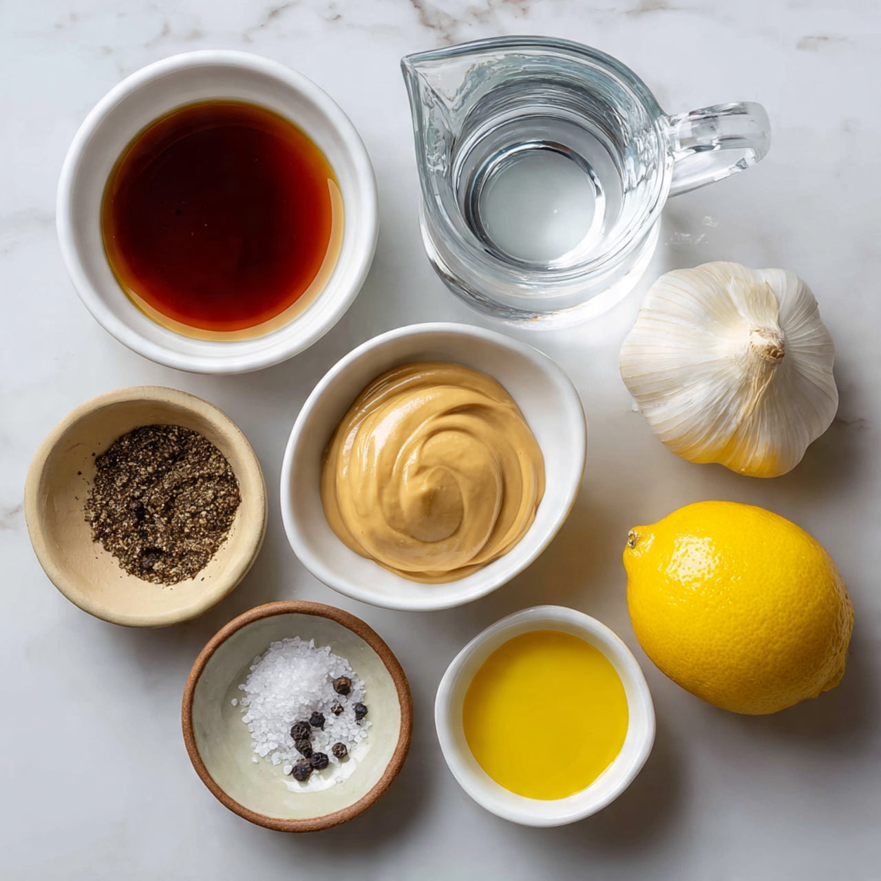 A clear glass bowl sits on a white marbled surface, filled with a mix of ingredients: a smooth beige sauce layer at the bottom, topped with a dollop of thick light yellow mustard, a sprinkle of coarse black pepper, and a small heap of finely crushed white substance, possibly garlic or onion. To the right, a woman's hand holds a small white cup, pouring a thin stream of amber liquid into the bowl. A metal whisk rests inside the bowl, partly submerged in the mixture. Nearby on the surface is a small white dish holding coarse salt and more black pepper. Photo taken with an iphone --ar 4:5 --v 7
