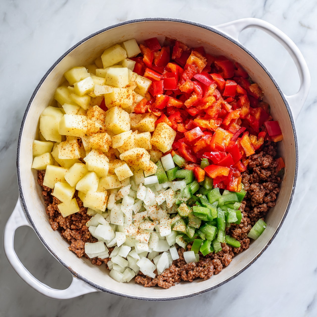 The image shows a white pot filled with several layers of ingredients. The bottom layer is browned ground meat covering the entire base. On top of this are diced yellow potatoes, red bell peppers, green bell peppers, chopped white onions, and minced garlic, each sectioned clearly without mixing. There is a sprinkle of light brown and reddish spices spread over the potatoes and onions, adding specks of color and texture. The white pot has wide handles and sits on a white marbled surface. photo taken with an iphone --ar 4:5 --v 7