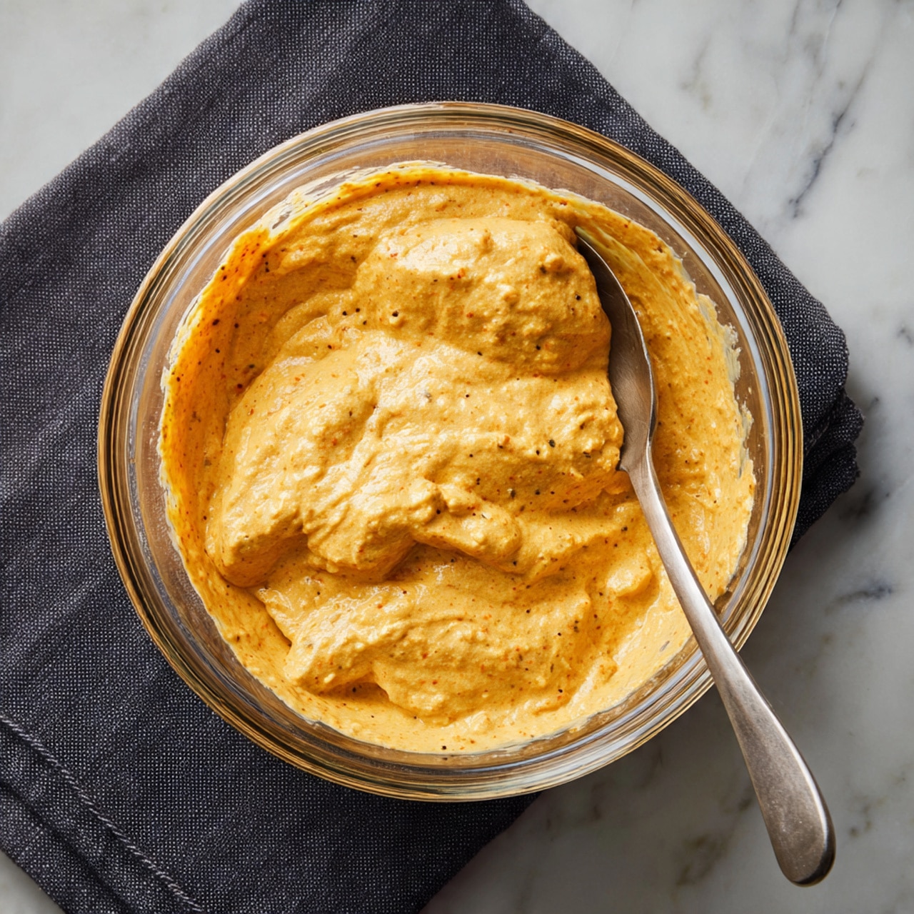 A clear glass bowl filled with a thick, creamy orange mixture that looks smooth with some texture. The mixture fills most of the bowl, with some spread along the sides. A metal spoon is partially submerged in the mixture, resting on the side of the bowl. The bowl is placed on a dark cloth with a white marbled surface visible beneath it. The orange mixture has a rich, dense look with small specks visible throughout. photo taken with an iphone --ar 4:5 --v 7