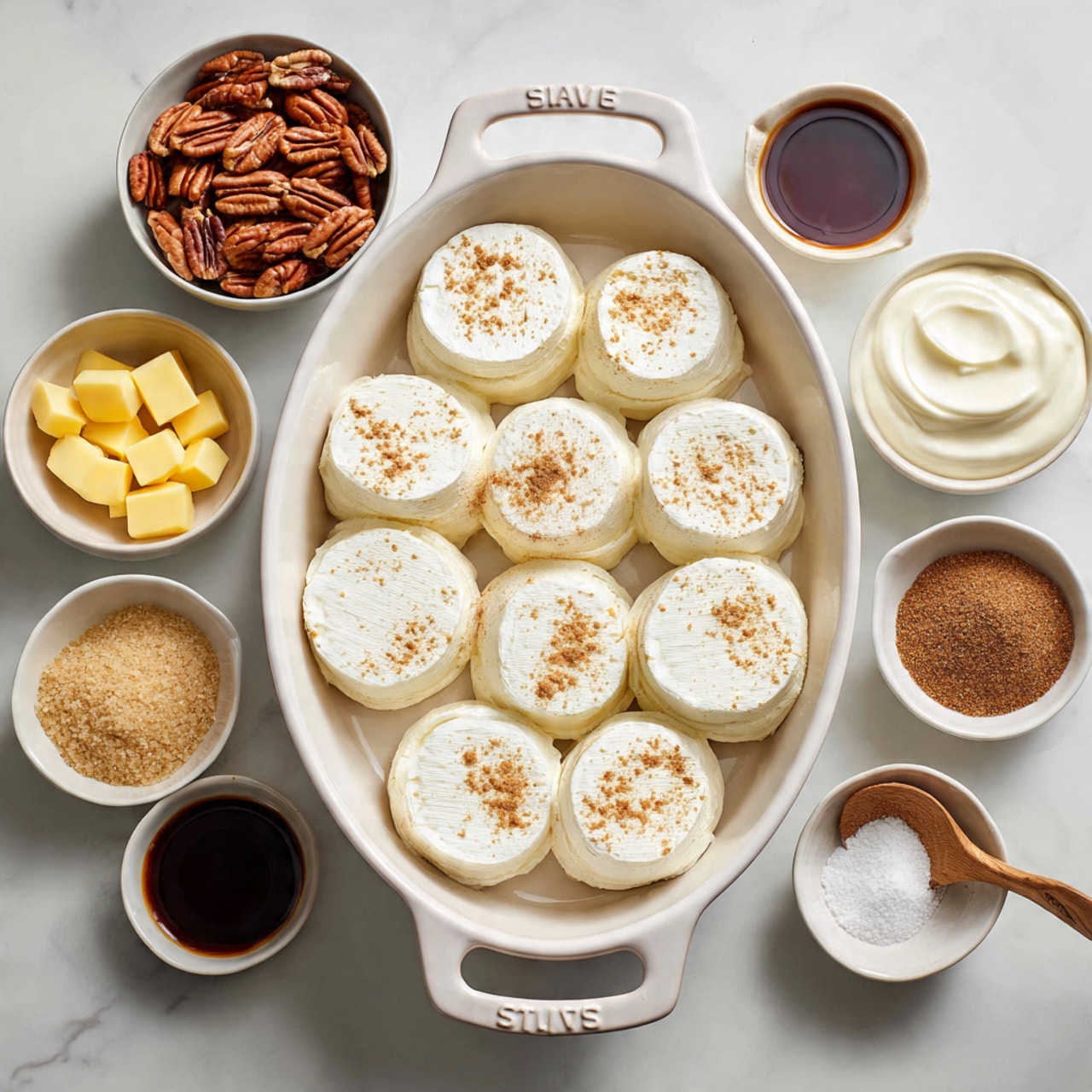 The image shows a white Staub oval baking dish on a white marbled surface, filled with thirteen round pieces of soft white goat cheese spread evenly across the dish. Surrounding the dish are small bowls each containing different ingredients: a bowl with light brown sugar granules, a bowl with medium brown pecan halves, a bowl with several yellow butter squares, a small bowl of creamy white cream, a small bowl with dark brown vanilla liquid, and a small dish with a blend of white and light brown cinnamon powder. Each ingredient is clearly separated and easy to see. photo taken with an iphone --ar 4:5 --v 7