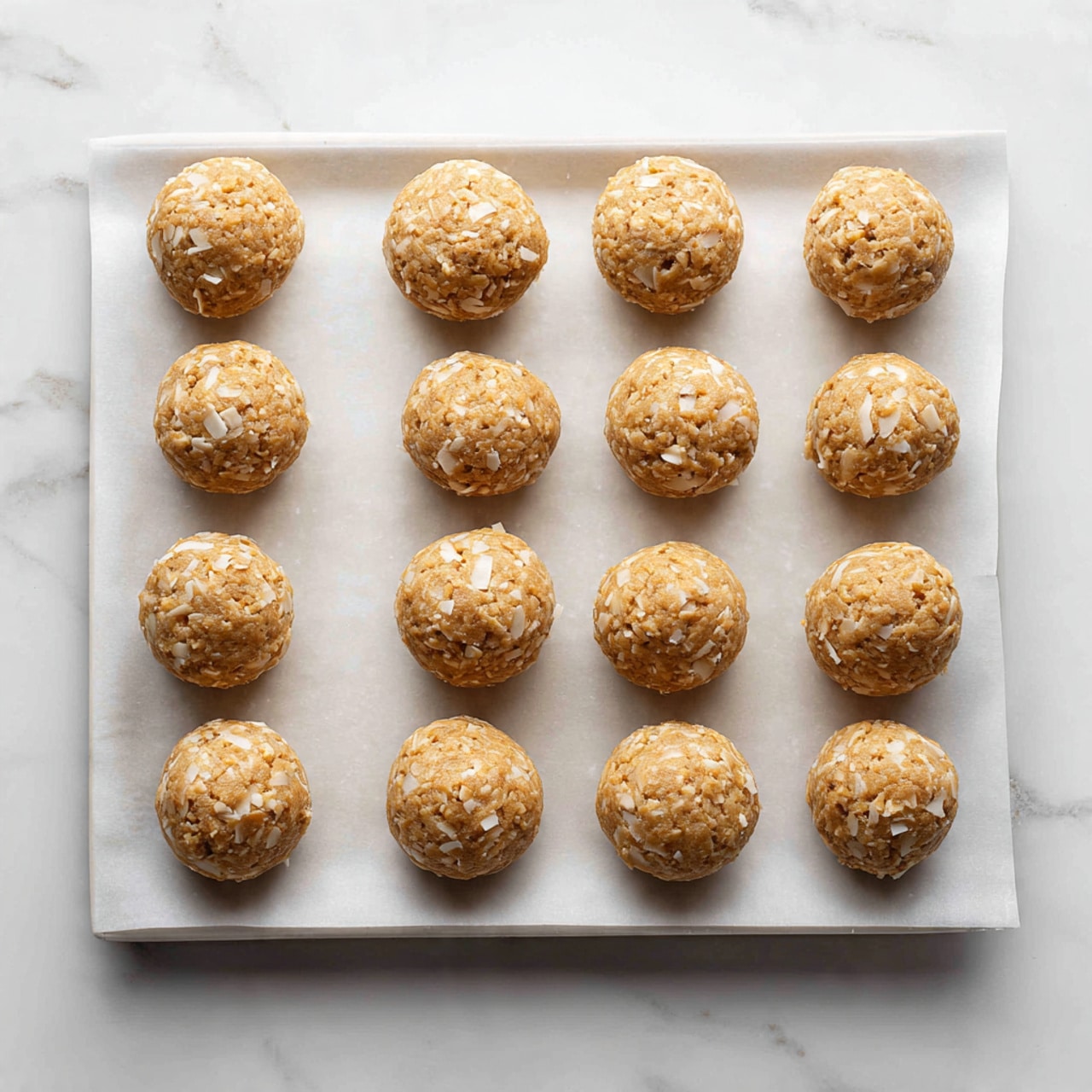 The image shows fifteen round, small cookie dough balls arranged in three neat rows of five on a sheet of white parchment paper. The parchment paper rests on a large white plate, and the plate is placed on a white marbled surface. The dough balls are light brown with visible small white pieces, likely coconut flakes, giving them a textured look. Each dough ball is roughly the same size and shape, appearing smooth and slightly dense. The lighting is bright and natural, highlighting the soft texture of the dough balls and the clean white marbled surface. Photo taken with an iphone --ar 4:5 --v 7