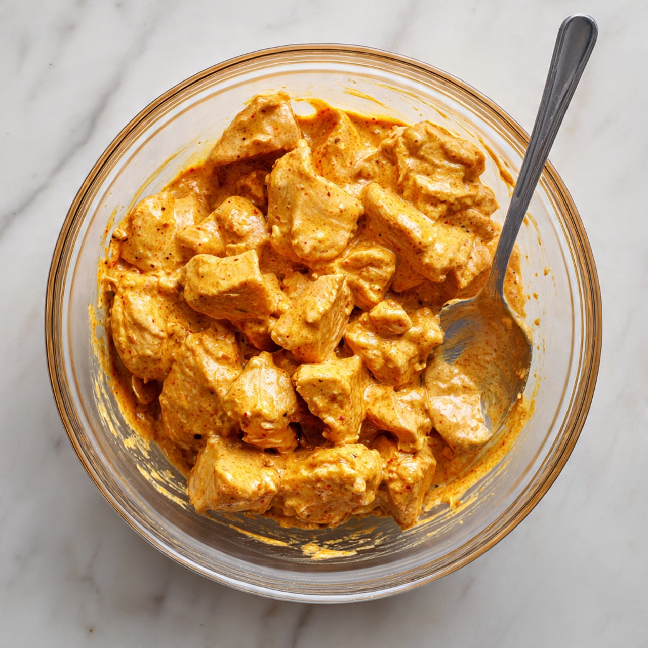 A clear glass bowl filled with raw chicken pieces covered in a thick, creamy orange marinade, showing some pink parts of the chicken. The mixture looks rich and smooth with a slightly grainy texture from the spices. A silver spoon is placed inside the bowl, resting on the right side. The bowl is on a white marbled surface. photo taken with an iphone --ar 4:5 --v 7