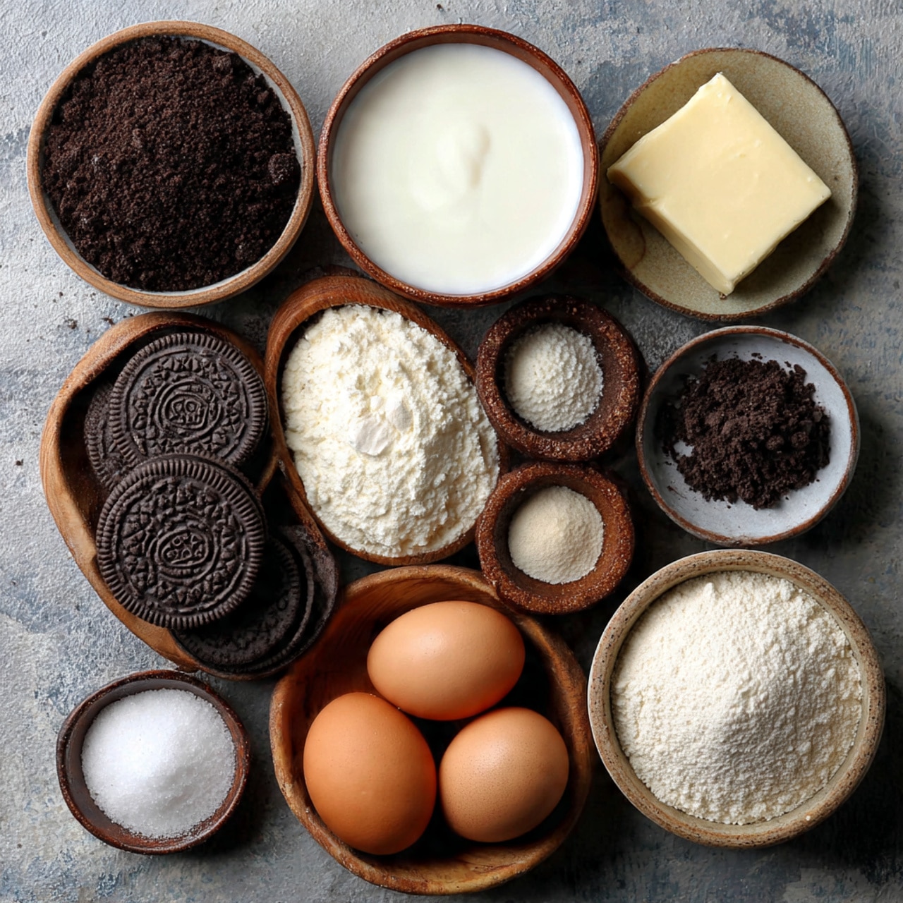 The image shows several ingredients arranged neatly on a white marbled surface. At the top left, there is a white plate full of whole dark chocolate sandwich cookies with cream filling. To the right of it, there is a brown ceramic bowl with scalloped edges, filled with white sugar. In the middle left, a speckled brown and beige plate holds a thick yellow stick of butter. Below the butter plate, two white eggs sit side by side. Next to the eggs, there is a small round bowl with dark vanilla extract. At the center, two rectangular blocks of cream cheese wrapped in silver foil with printed text are placed side by side. To the right of the cream cheese, a white plate with a brown rim is filled with halved dark chocolate sandwich cookies with cream filling. At the bottom center, a round bowl filled with thick white cream is visible. Lastly, at the bottom right, a small white dish with coarse white salt completes the arrangement. Photo taken with an iphone --ar 4:5 --v 7