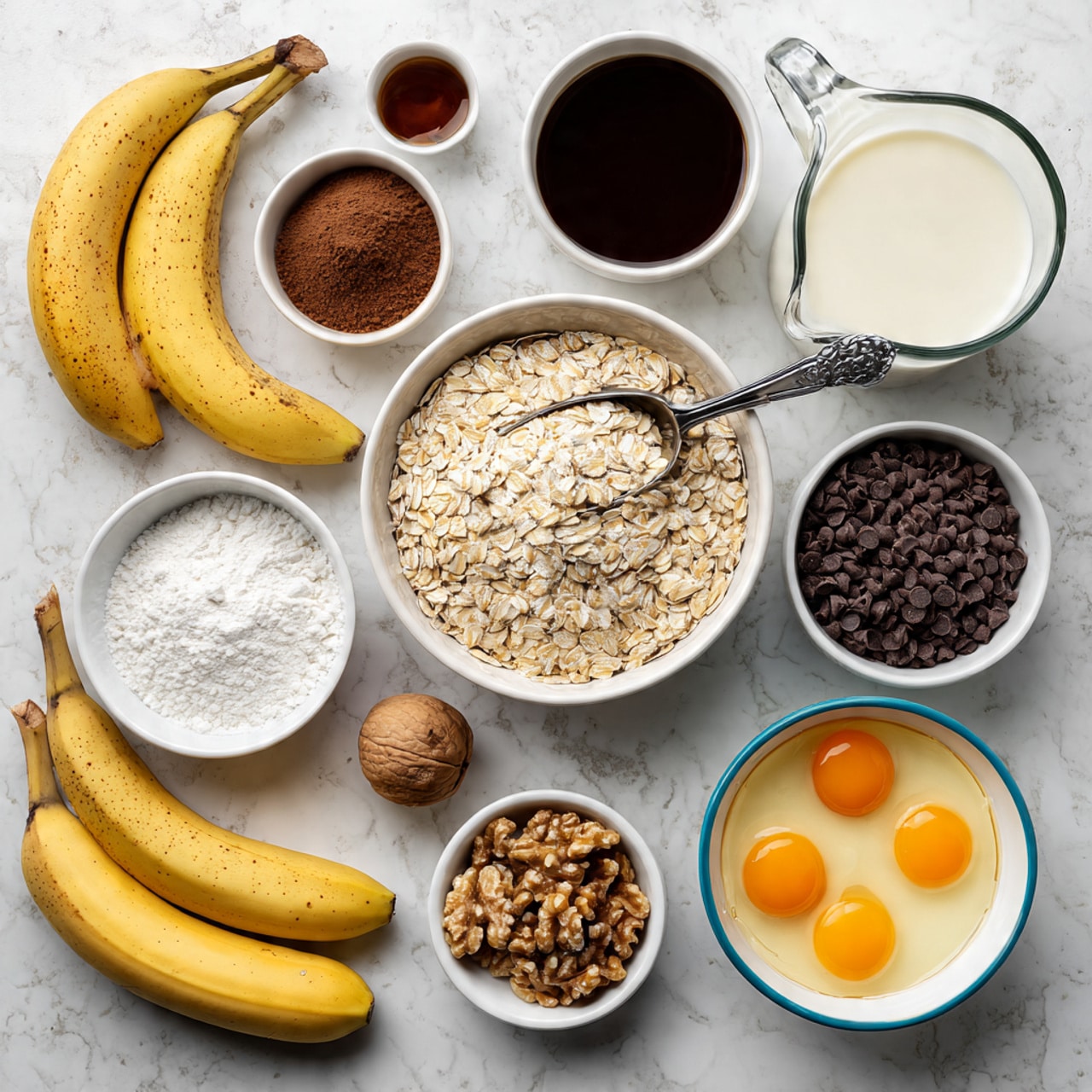 The image shows a flat lay of baking ingredients arranged neatly on a white marbled surface. In the center is a white bowl filled with light tan rolled oats with a metal scoop resting inside. Surrounding this are small white bowls holding various ingredients: dark brown melted chocolate sauce, dark brown vanilla extract, white flour, dark brown cinnamon powder with a silver spoon, white baking powder, white salt, cracked eggs with bright orange yolks in a white bowl with blue trim, pale yellow melted butter, and white milk in a glass jug. There are also three ripe yellow bananas with brown spots, a small pile of light brown walnuts, and a bowl filled with dark brown chocolate chips. The scene is bright and organized, showing all the different textures and colors clearly. photo taken with an iphone --ar 4:5 --v 7