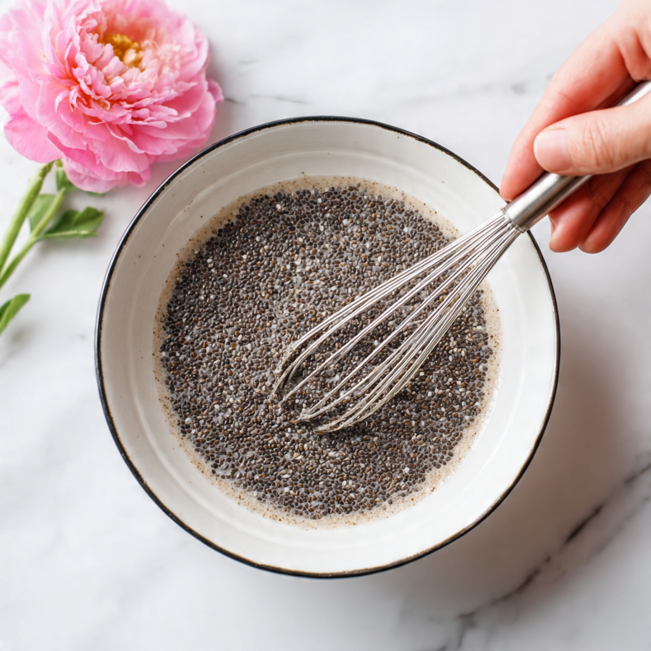 A white bowl with a thin black rim holds a single layer of dark chia seeds soaked in liquid, creating a textured, slightly shiny surface of black and gray small seeds spread evenly inside. A woman's hand is holding a silver whisk that is partly inside the bowl, slightly mixing the chia seeds. In the background, a soft pink flower is visible, placed on a white marbled surface. Photo taken with an iphone --ar 4:5 --v 7