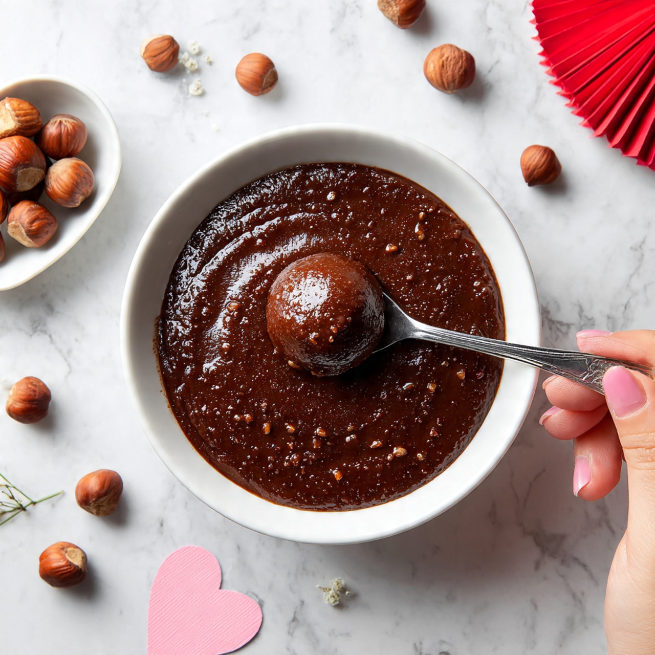 A white bowl filled with thick, rich dark brown chocolate sauce with small bits throughout, sitting on a white marbled surface. A woman's hand holds a fork lifting a round ball covered in the chocolate sauce just above the bowl. Around the bowl, there are whole hazelnuts scattered on the surface, a small white dish containing a few hazelnuts, a pine cone, and some green folded paper decorations. The lighting is bright and natural, highlighting the glossy texture of the chocolate sauce. photo taken with an iphone --ar 4:5 --v 7