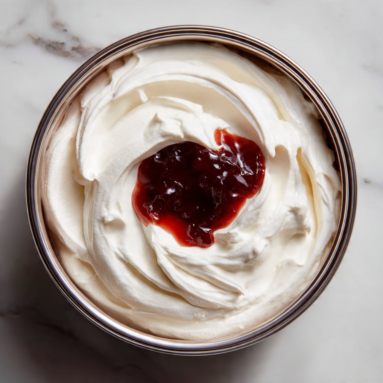 A single layer of smooth, light pink whipped cream swirled in a spiral pattern sits in a white bowl with thin vertical lines and a blue rim. The whipped cream has a soft texture with tiny red specks, giving it a strawberry-like appearance. The bowl is placed on a white marbled surface with a soft pink hue in the background. The image shows a close-up top view of the swirl. photo taken with an iphone --ar 4:5 --v 7