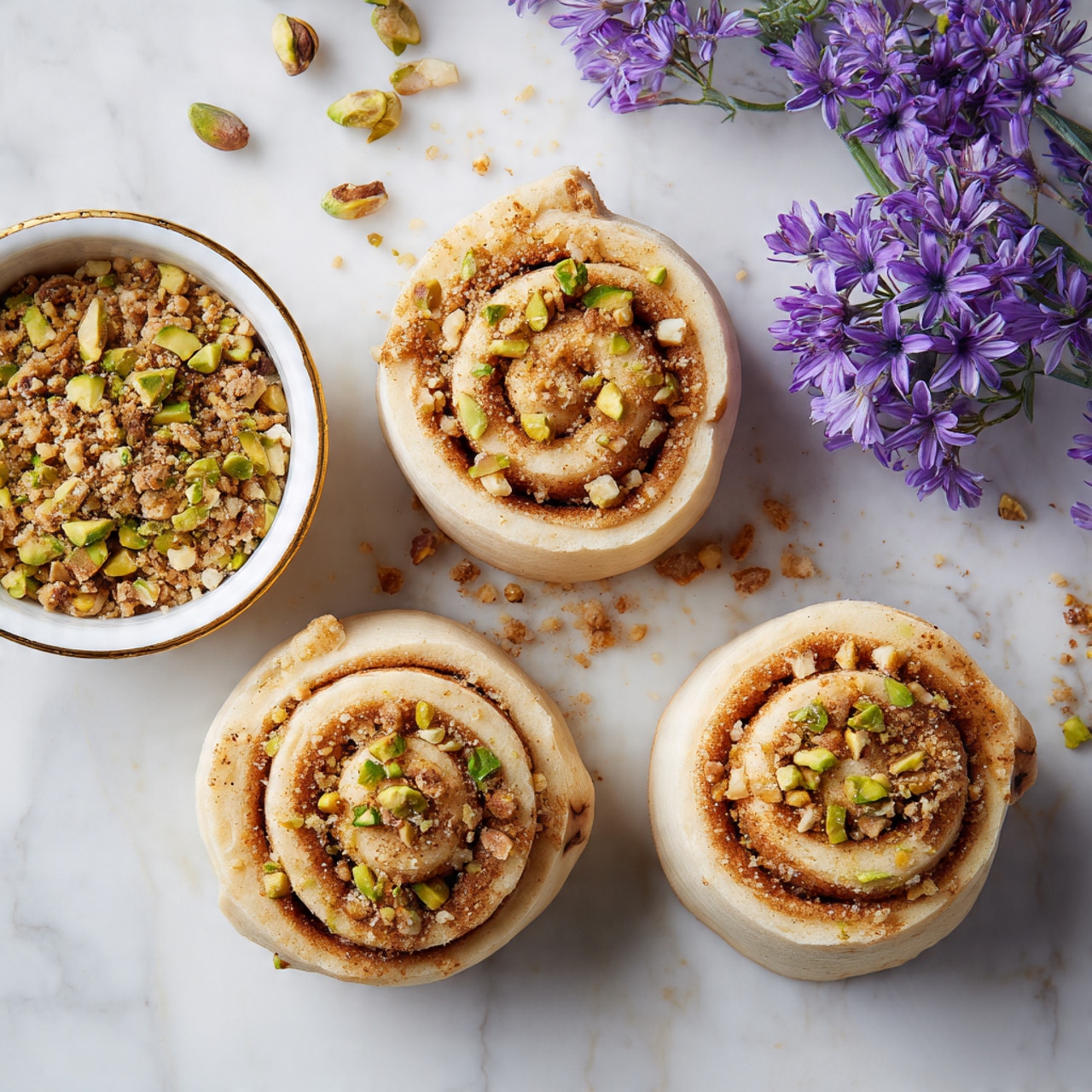 The image shows several raw cinnamon rolls placed on a white marbled surface, each roll having a spiral shape with light beige dough and darker cinnamon swirls inside. The tops of the rolls are sprinkled with crushed green pistachios and brown nut crumbs which add texture. Near the rolls, there is a white bowl with a gold rim filled with coarsely chopped mixed nuts. A small bunch of purple flowers is visible on the upper right side, adding color contrast to the scene. photo taken with an iphone --ar 4:5 --v 7