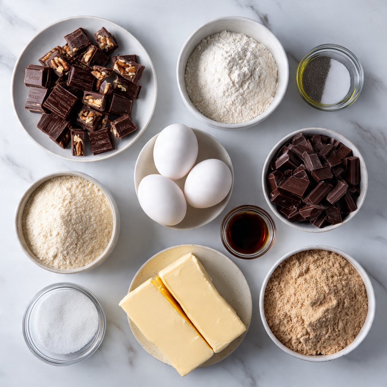 The image shows various baking ingredients arranged neatly on a white marbled surface. There are seven white bowls and plates, each holding different ingredients: one plate with many small pieces of chopped chocolate candy bars showing inside nuts and nougat, one bowl filled with white granulated sugar, one bowl with light brown flour, one bowl with chopped dark chocolate, and one bowl with two thick blocks of pale butter. In the middle, three whole white eggs sit close together, and near them are two small glass containers with dark vanilla extract and shiny silver baking soda. The overall setup looks clean and organized, ready for baking. photo taken with an iphone --ar 4:5 --v 7