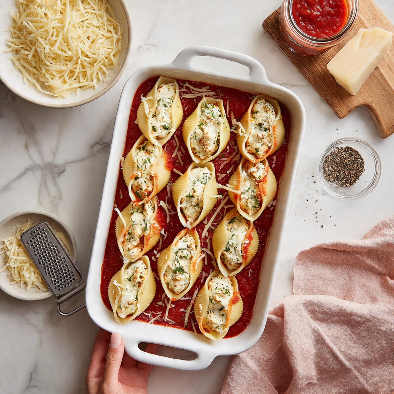 A white rectangular baking dish on a white marbled surface holds nine large pasta shells arranged in three rows. Each shell is stuffed with a creamy white ricotta mixture speckled with herbs and small bits of seasoning. A layer of smooth and bright red tomato sauce covers the bottom of the dish, with dollops on top of some shells. Thin strips of pale yellow shredded cheese are scattered over the shells and sauce. Around the dish, there is a white bowl filled with more shredded cheese, a small plate with ground black pepper, a block of cheese on a wooden board with a grater, and a jar of tomato sauce. A woman's hand rests near the bottom right corner on a soft blush pink cloth. Photo taken with an iphone --ar 4:5 --v 7