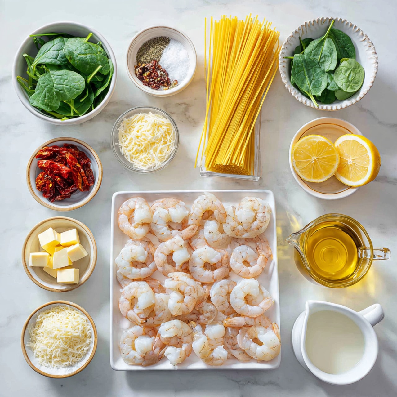 The image shows many ingredients arranged on a white marbled surface. In the center, there is a white tray filled with neat rows of raw shrimp, pale pink and white. Behind the shrimp, standing up vertically, is a bunch of uncooked yellow spaghetti in a clear glass. Around these, there are small white bowls with golden rims holding different ingredients: one with salt, one with black pepper, one with butter squares, one with shredded cheese, one with white powder, and one with fresh green chopped herbs. Two larger white bowls hold bright green fresh spinach leaves and sun-dried tomatoes. A small glass pitcher contains a golden oil and another holds a clear liquid, while a measuring cup has a yellow juice. A white mug contains a white dry ingredient, another small white bowl has lemon juice with a halved lemon beside it, and a few other small bowls contain grated lemon peel and cream. Everything is neatly placed and bright, with good lighting. Photo taken with an iphone --ar 4:5 --v 7