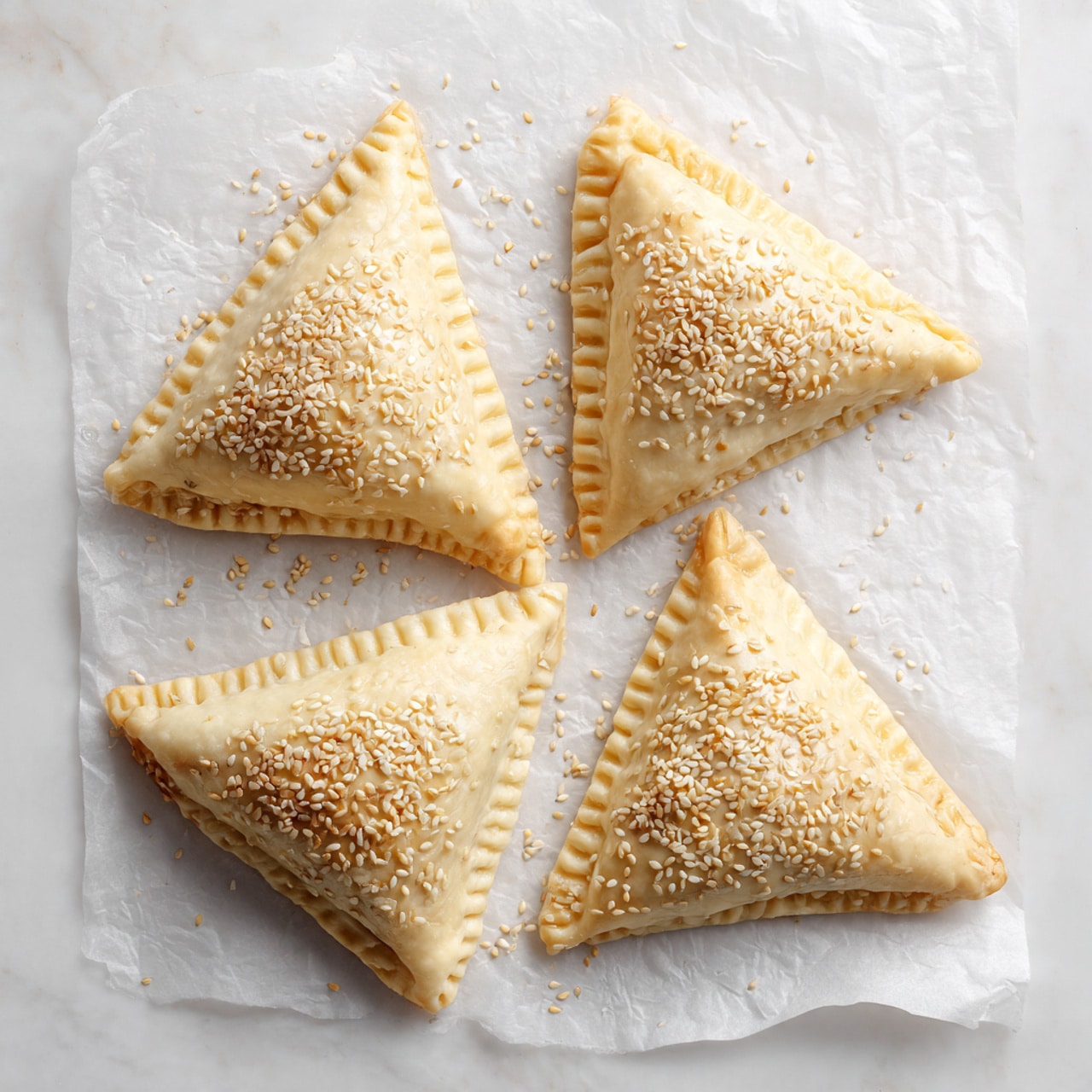 The image shows four triangular pastry pockets placed on white baking paper with a white marbled background. Each pastry is pale cream in color and has crimped edges pressed down with a fork. The pastries are sprinkled generously with small white sesame seeds that cover the top surface and scatter slightly on the paper. The texture of the dough looks smooth and soft, ready to be baked. The triangles are arranged in a loose square pattern, with ample space between them on the baking sheet. photo taken with an iphone --ar 4:5 --v 7
