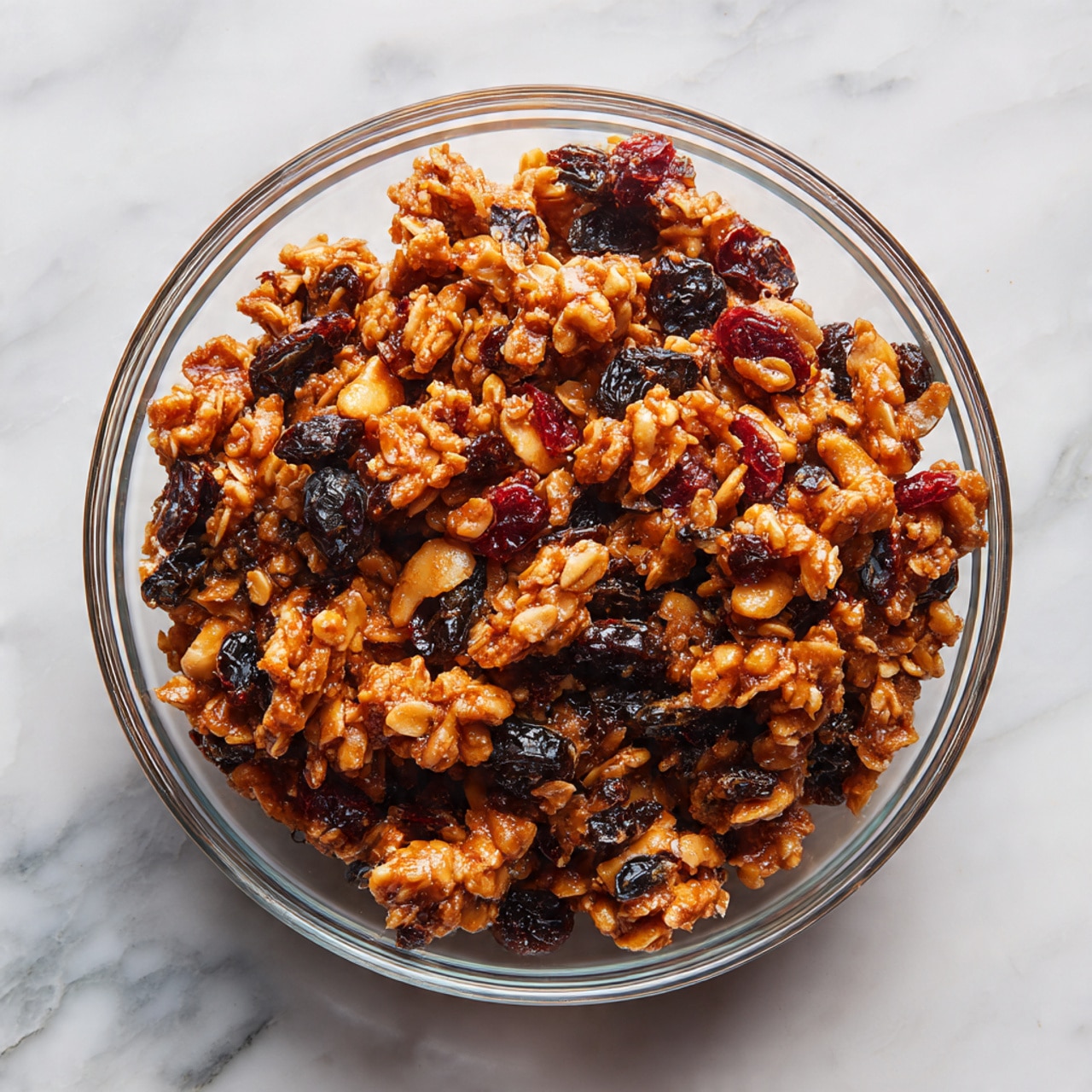 Six round oatmeal cookies with visible dark dried fruit and light brown seeds are placed on a light wooden board with a handle. Around the board, a white marbled textured surface holds a white bowl filled with dark dried fruit on the top right, another white bowl filled with bright red dried fruit on the bottom center, a small white dish with oat grains on the bottom right, and scattered oats and dried fruit near the board. On the top left corner, a woman's hand holds a white bowl with fresh red strawberries. A white cloth with orange and black stripes peeks in from the bottom left corner. The scene is bright and clean, highlighting the cookies and ingredients clearly. photo taken with an iphone --ar 4:5 --v 7