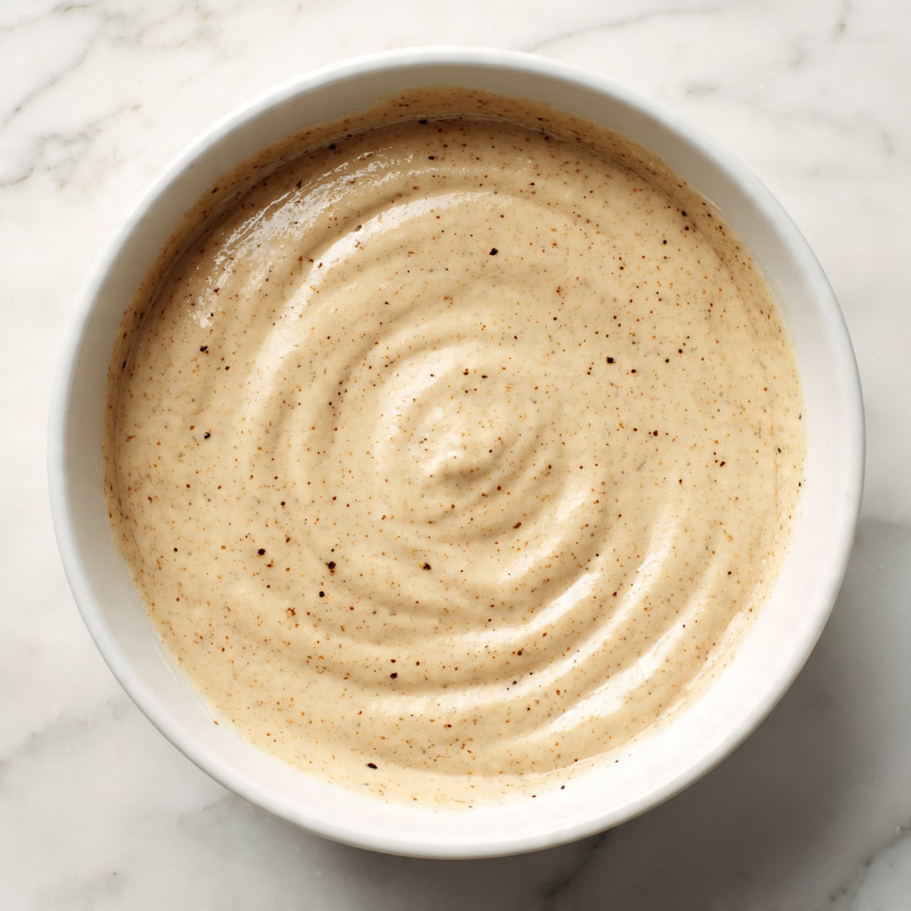 A white bowl filled with a single thick layer of creamy beige sauce with small dark brown specks spread evenly throughout. The sauce has a smooth texture with slight unevenness on the surface, showing gentle swirls and a soft peak in the middle. The bowl sits on a white marbled surface with subtle light gray veins. photo taken with an iphone --ar 4:5 --v 7