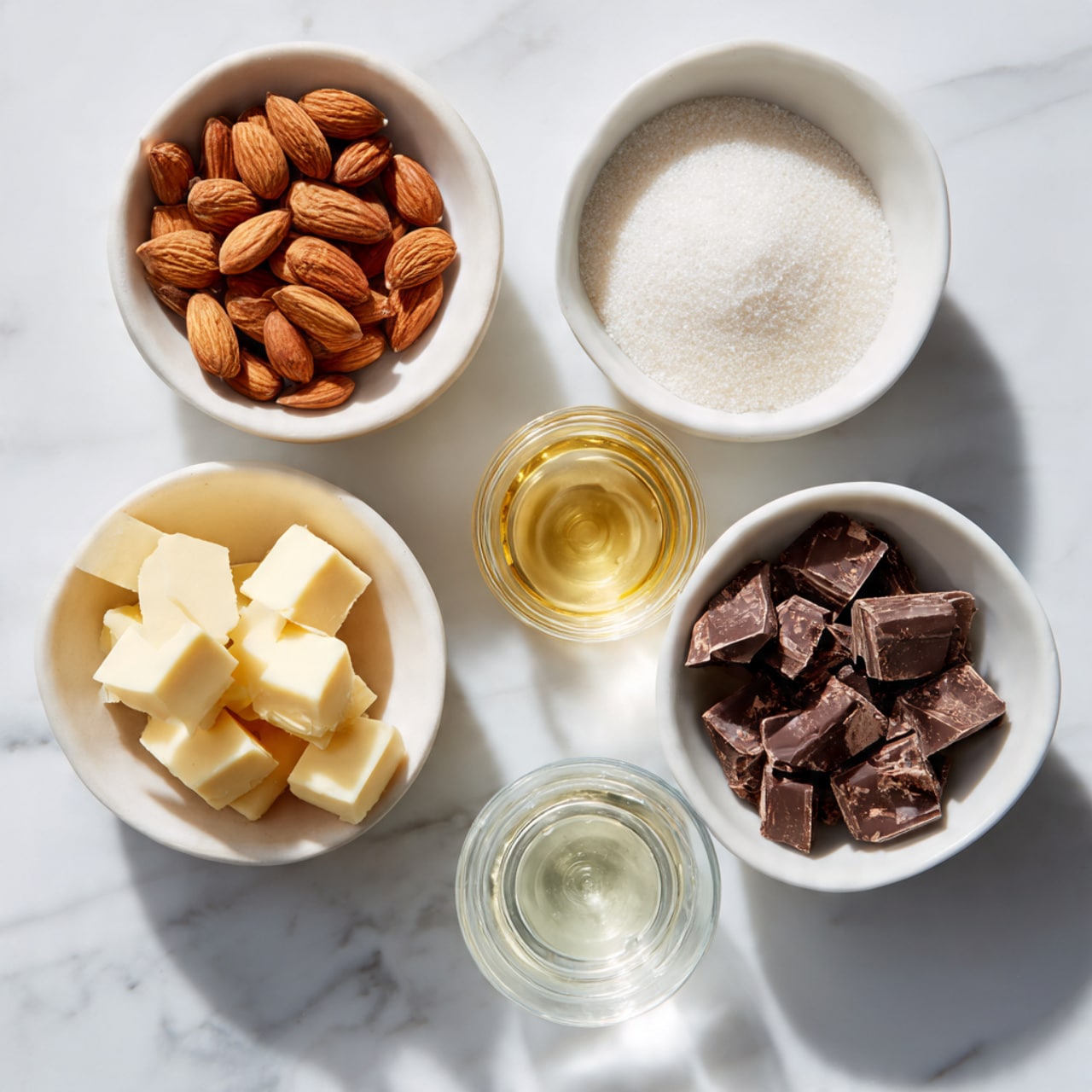 The image shows five small white bowls arranged on a white marbled surface. One bowl is filled with whole almonds, another with white granulated sugar, and a third contains small cubed pieces of pale yellow butter. A fourth bowl holds chopped dark brown chocolate pieces, while a small glass holds a clear liquid. All bowls have smooth textures and simple shapes. The scene is bright and clean, with soft shadows under the bowls. Photo taken with an iphone --ar 4:5 --v 7