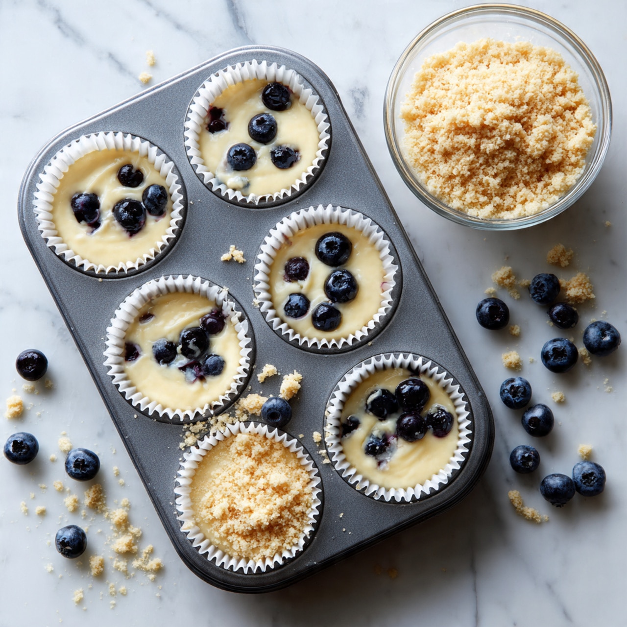 A gray muffin tray holds six white paper cupcake liners, each filled with a creamy pale yellow batter mixed with whole dark blue blueberries. Three of these liners have a crumbly light brown topping spread unevenly over the batter, while the other three show the smooth batter surface dotted with blueberries. Around the tray, loose blueberries and crumbs scatter on a white marbled surface. To the top right, a clear glass bowl filled with the crumbly topping is partially visible. Photo taken with an iphone --ar 4:5 --v 7