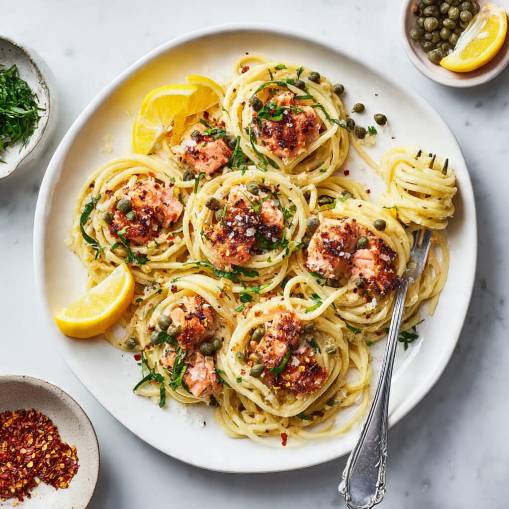 Lemon Herb Salmon Pasta with Creamy Garlic Sauce Recipe