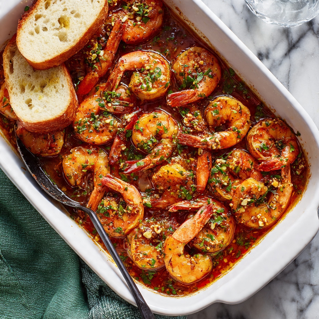 A white rectangular baking dish filled with many cooked shrimp in a reddish-brown sauce, sprinkled with chopped green herbs on top. The shrimp are arranged close together, with their curved orange shells and tails visible, soaking in the sauce. Three pieces of torn white bread with sauce soaked into the middle rest on the shrimp. A black spoon is partly submerged in the sauce on the bottom left of the dish. The dish is placed on a white marbled surface with part of a green cloth visible near the bottom. Photo taken with an iphone --ar 4:5 --v 7