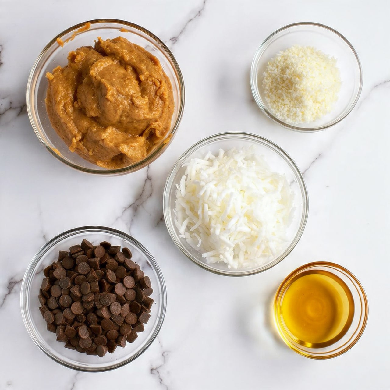 Five clear glass bowls on a white marbled surface hold different ingredients arranged in a loose “x” shape. At the top left, a bowl with thick, light brown nut butter with a slightly rough texture. At the bottom left, a bowl filled with smooth, dark brown chocolate chips forming a rounded pile. To the right of the nut butter, a small bowl of finely shredded white coconut. Below it, a larger bowl filled with a bigger pile of shredded white coconut that looks fluffy and soft. At the bottom right, a small bowl of golden amber liquid, clear and glossy. Photo taken with an iphone --ar 4:5 --v 7