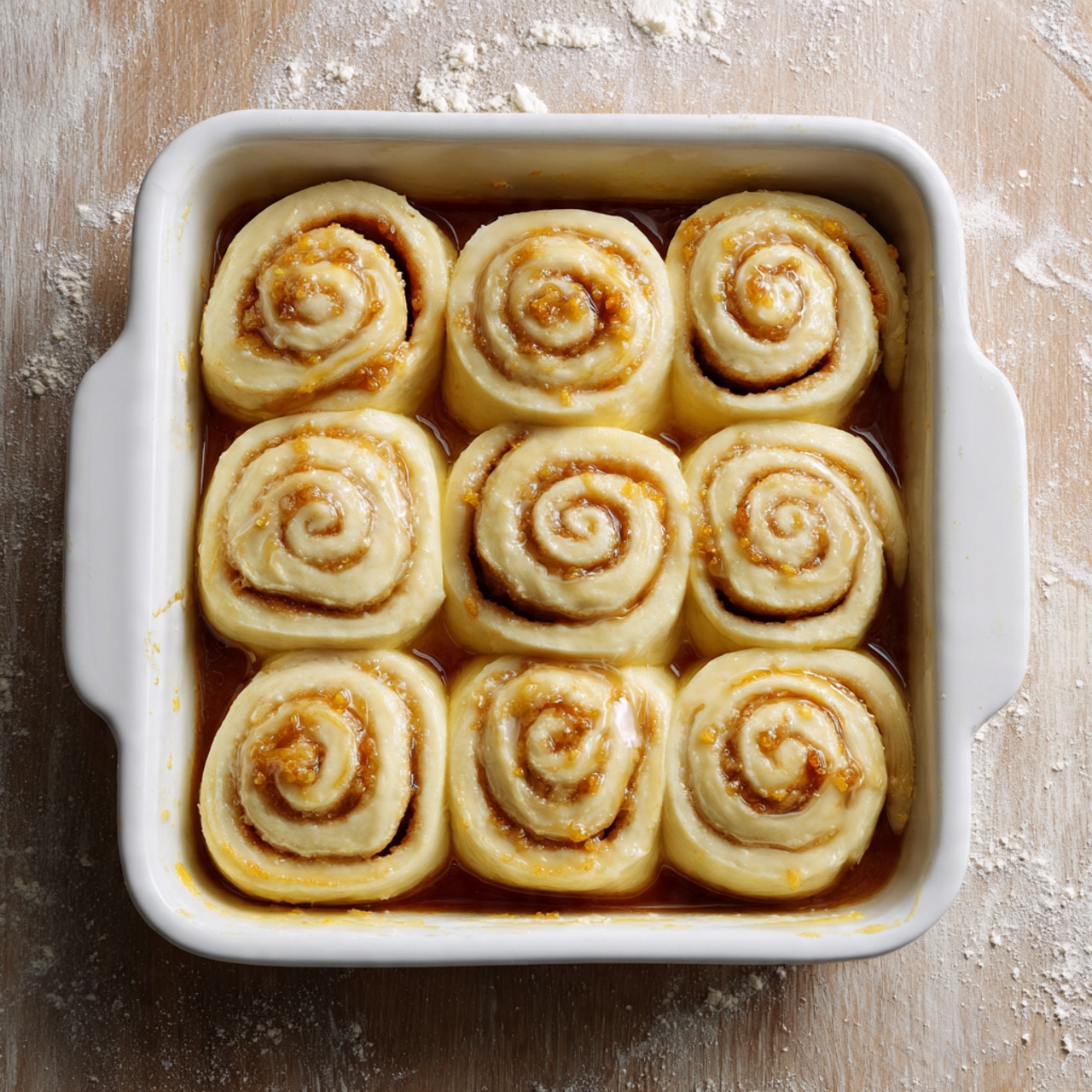 The image shows a white rectangular baking dish filled with twelve uncooked cinnamon rolls arranged closely in three rows of four. Each roll has a pale yellow dough with visible light orange specks of zest or spice, softly coiled in spiral shapes. The bottom of the dish has a thin layer of brown syrupy liquid that slightly seeps into the base of the dough rolls. The dish sits on a wood-textured surface with faint traces of white flour dust around it. The rolls look soft and ready to bake. photo taken with an iphone --ar 4:5 --v 7