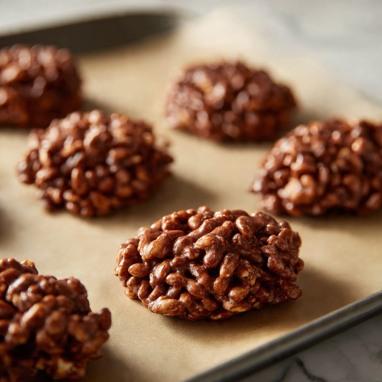 The image shows a group of irregularly shaped, brown chocolate rice crispy clusters placed on a white marbled surface. Each cluster has a rough and bumpy texture from the puffed rice mixed with chocolate, giving them a slightly shiny look. They are arranged in a loosely scattered way, with the front cluster larger and more detailed, while the clusters in the back are softly blurred to create depth. The colors are mainly dark brown with small hints of lighter tones where the puffed rice oats show through. Photo taken with an iphone --ar 4:5 --v 7