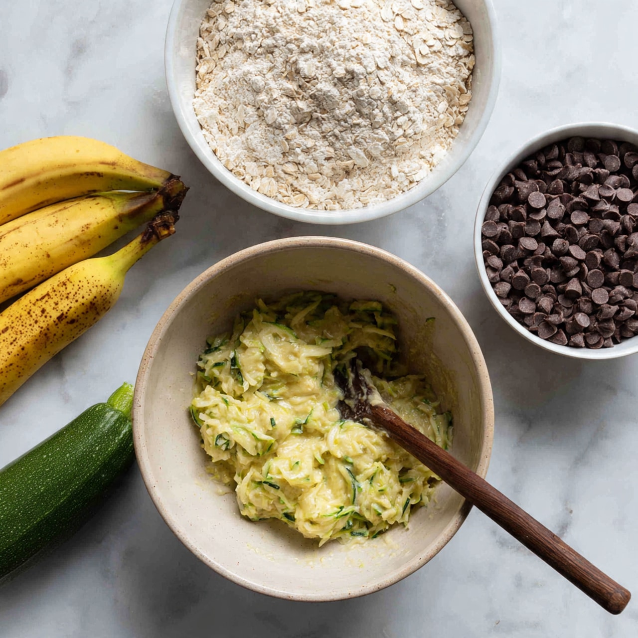 In a clear glass bowl, there is a thick, creamy batter with visible small dark brown chocolate chips scattered throughout. The batter has light beige and green flecks, showing bits of shredded zucchini mixed well into the texture. A wooden spoon with a dark brown handle is partly buried in the mixture on the right side of the bowl. Around the bowl, there are a few loose chocolate chips on a white marbled surface. At the bottom left corner, there are three ripe bananas with brown spots, and at the top left corner, a small green zucchini is lying on the white marbled texture. The light is soft and natural, giving the whole image a warm, fresh feeling. photo taken with an iphone --ar 4:5 --v 7