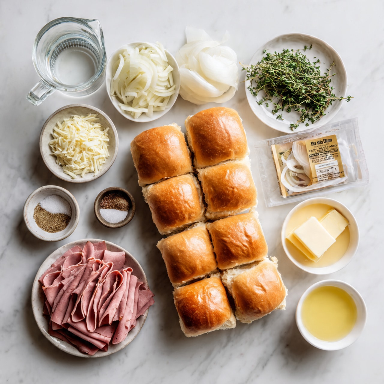 The image shows a set of small sandwich sliders made with golden brown soft rolls baked together in a clear glass tray, each topped with bits of crispy fried onions and green herbs. Inside the sandwiches, thin layers of light yellow melted cheese and folded slices of brown roast beef layers are visible, with juicy textures. A close-up view shows a woman's hand dipping one slider into a white bowl filled with dark brown au jus sauce. In the background, leafy green lettuce adds a fresh touch to the scene, all placed on a white marbled surface. photo taken with an iphone --ar 4:5 --v 7