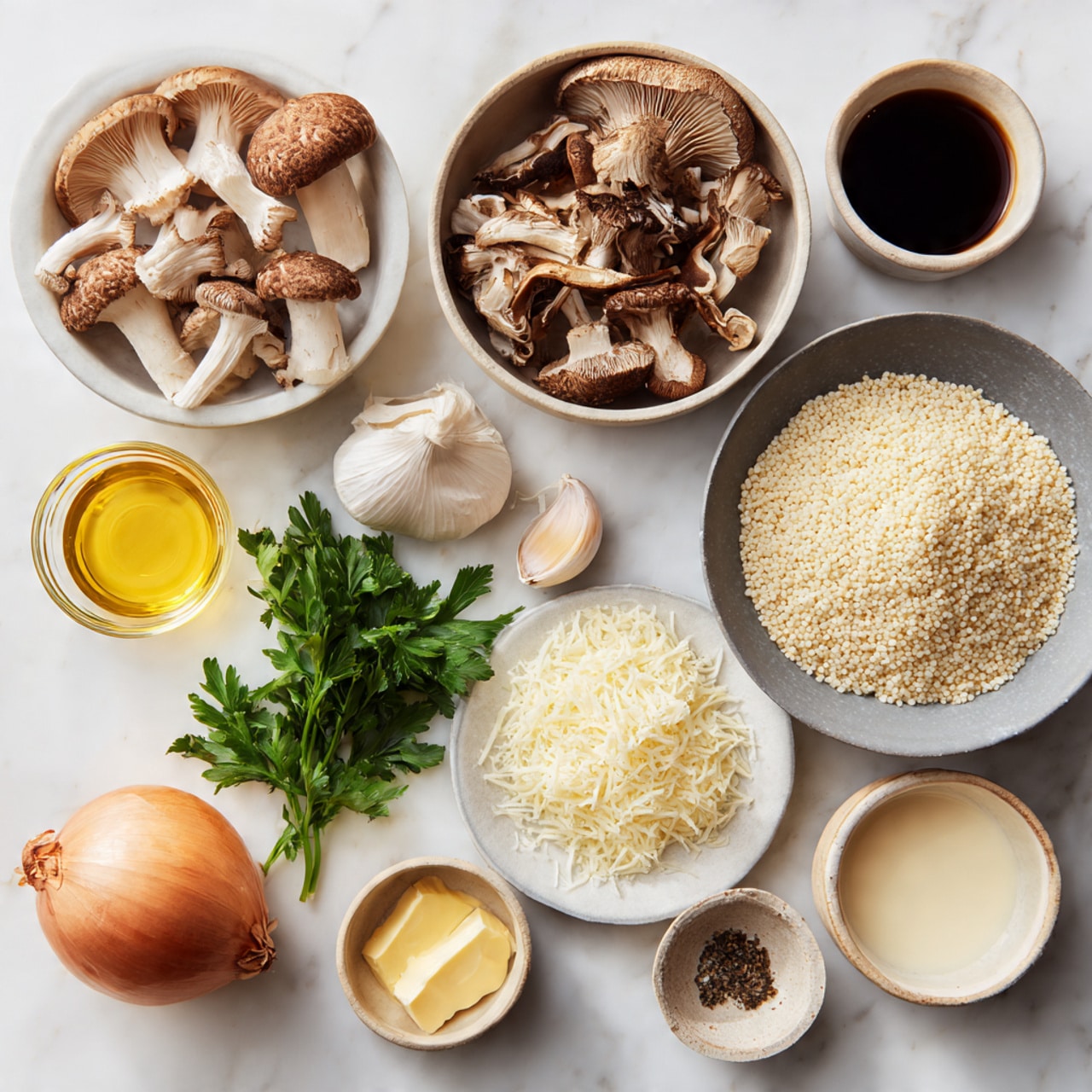 A white bowl filled with a mix of different fresh mushrooms shows a variety of shapes and light brown colors, placed on a white marbled surface. Next to it, a smaller white bowl holds pieces of dried mushrooms in light tan and brown shades. Two garlic cloves, light beige and smooth, rest beside a clear glass container of yellow stock. A grey bowl contains a mound of round, pale beige risotto rice grains toward the right side. Below, a small white plate carries fresh green parsley leaves evenly spread, next to a medium-sized whole onion in light brown with its top stem visible. In the middle, a small white bowl is full of finely grated light yellow Parmesan cheese. Around the plate are four small beige ceramic bowls holding soft yellow butter, cream in pale off-white, dark balsamic vinegar, and a mix of salt and pepper. All items are arranged neatly on a white marbled surface. Photo taken with an iphone --ar 4:5 --v 7