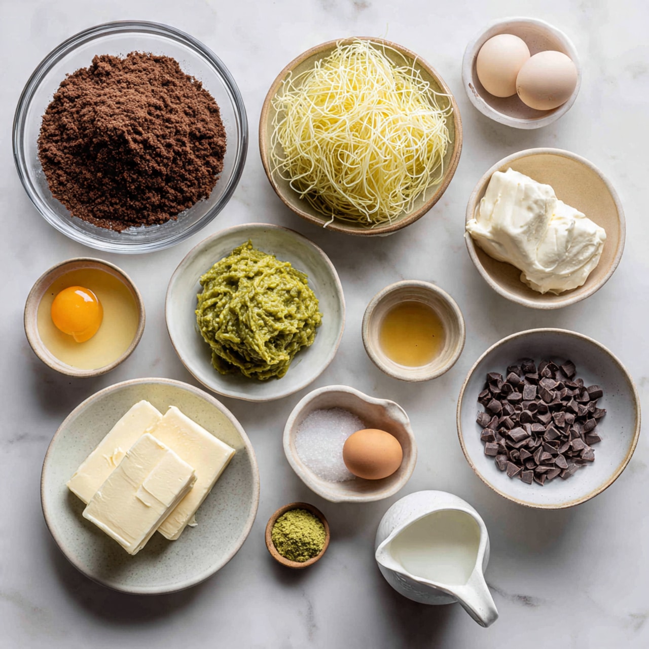 A white bowl filled with a creamy pale yellow mixture as the base layer, topped with a dollop of light green paste and a smaller amount of smooth white cream on the right side, an electric mixer with some creamy mixture on the beaters resting inside the bowl on the left, all placed on a white marbled surface with a wooden board, a small white bowl of peanuts, and a glass jar blurred in the background; photo taken with an iphone --ar 4:5 --v 7