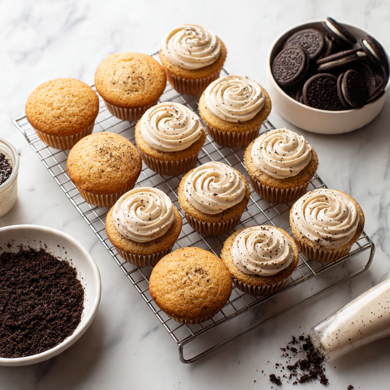 A metal wire cooling rack on a white marbled surface holds twelve golden brown cupcakes with visible dark specks inside. Six cupcakes have smooth, light-colored frosting with tiny dark spots piped in a spiral pattern on top, while the other six are unfrosted. To the right of the rack is a white bowl filled with whole dark sandwich cookies, and below it is a large clear piping bag filled with the same speckled frosting, resting on the surface. In front of the rack and to the left is a white bowl containing crushed dark cookie crumbs. Photo taken with an iphone --ar 4:5 --v 7