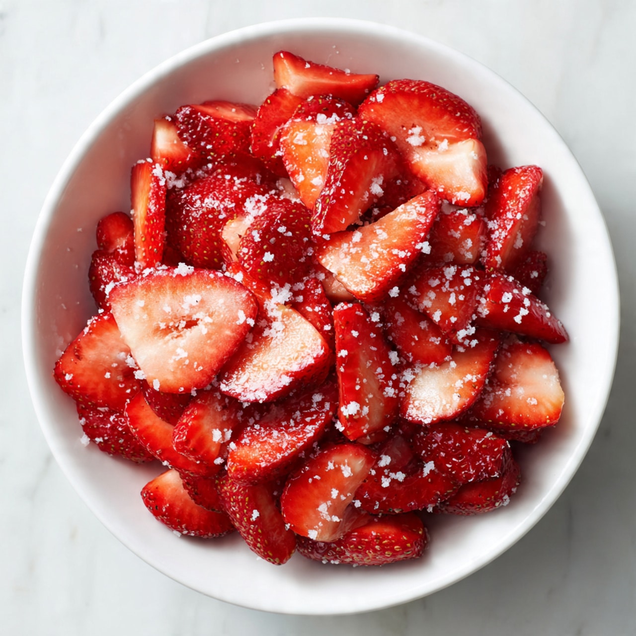 A white bowl filled with a single layer of bright red sliced strawberries, sprinkled evenly with white sugar granules on top, placed on a white marbled surface, photo taken with an iphone --ar 4:5 --v 7