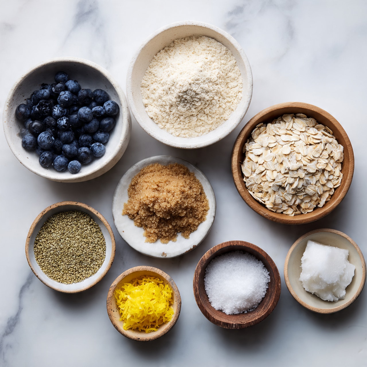 The image shows eight white bowls and one small wooden bowl arranged on a white marbled surface, each filled with different ingredients. The largest bowl at the top left holds a light beige, fine oat flour. To the right is another large bowl filled with flat, pale tan oat flakes. On the bottom left, a bowl is full of dark blue, round blueberries. Above it is a bowl containing granulated brown coconut sugar. At the top center is a small white bowl with pale green hemp seeds. Next to it on the right is a bowl with white coconut oil in a soft, solid form. Below that is a small wooden bowl holding coarse white sea salt. Near the lower center right, there's a small bowl containing a white powder labeled arrowroot or cornstarch. Finally, a very small bowl at the bottom center holds bright yellow lemon zest. The bowls vary in size and texture but all are white, set against a clean white marbled surface. Photo taken with an iphone --ar 4:5 --v 7