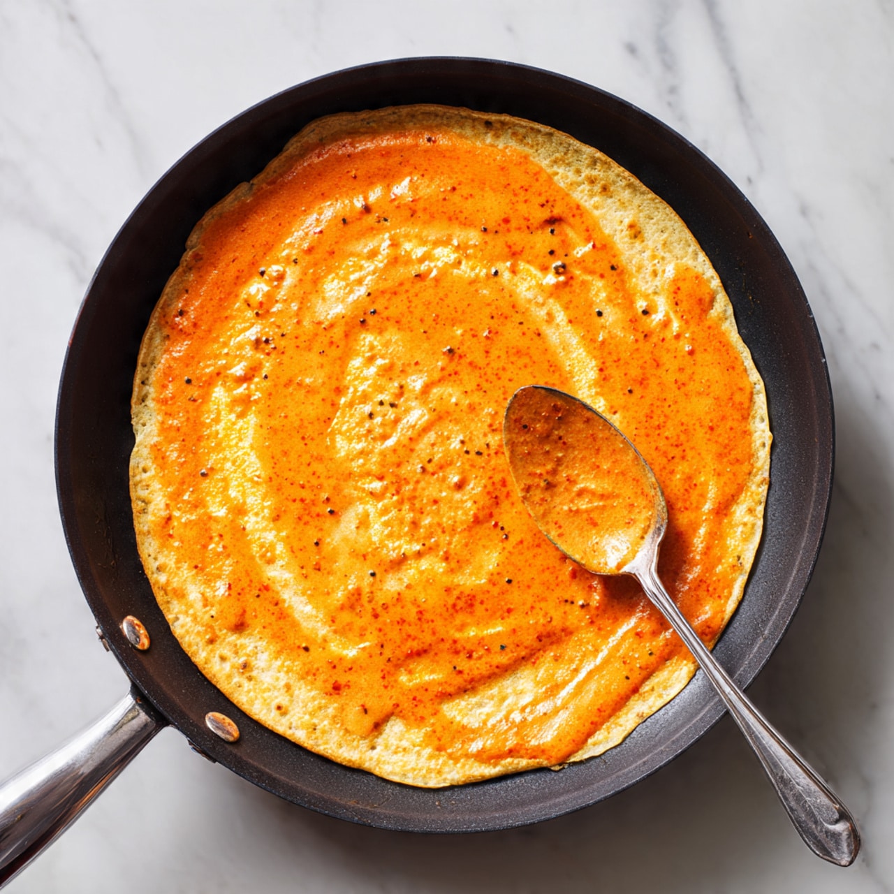 A close-up picture shows a black frying pan with an even layer of bright orange sauce spread across the surface. The sauce has a slightly bumpy texture and is thin enough to see small bubbles and swirls. On the right side of the pan, a silver spoon rests partially dipped into the sauce, showing a small scoop of it on the spoon’s surface. The pan is set on a white marbled surface, and the handle of the pan extends to the left side of the image. photo taken with an iphone --ar 4:5 --v 7