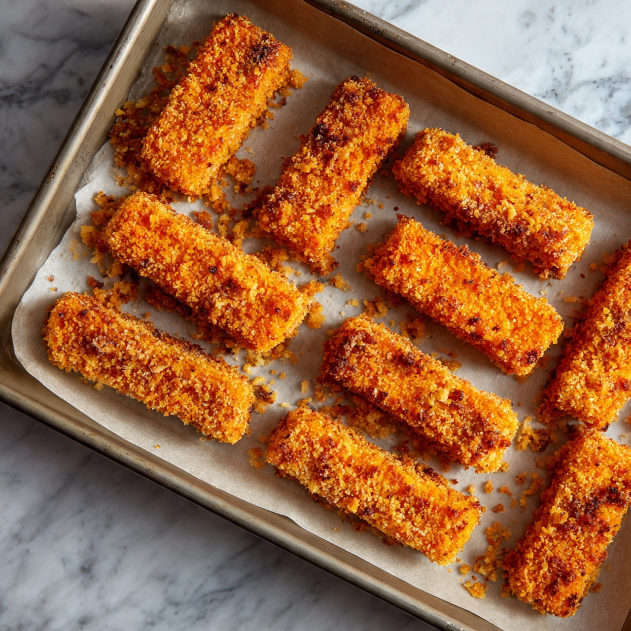 A rectangular metal baking tray lined with parchment paper holds fifteen evenly spaced food sticks coated in a bright orange, crumbly crust. The sticks are arranged in four rows, each with four to four sticks except for the last row, which has three, showing some crumbs around them on the paper. The textured coating looks crunchy with irregular chunks and a vivid color contrast against the neutral baking tray and the white marbled surface beneath. photo taken with an iphone --ar 4:5 --v 7