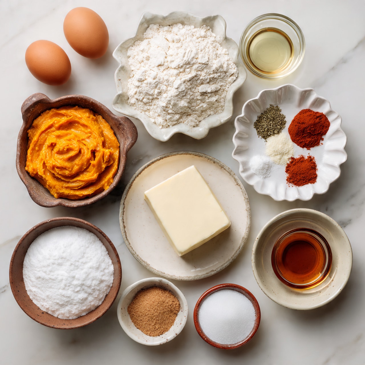 The image shows several bowls and plates with baking ingredients placed on a white marbled surface. In the center is a small brown ceramic bowl filled with bright orange, smooth pumpkin puree. To the top right, there is a white bowl containing white flour and six different spices, including brown, red, and beige powders, arranged in small piles. Next to it, on the right, is a scalloped brown bowl filled with light brown sugar. Below, a small brown bowl holds amber-colored vanilla extract. At the bottom left, a white bowl is full of white powdered sugar, and next to it is a small brown bowl filled with white granulated sugar. To the left of the pumpkin puree, two whole brown eggs are placed beside a white plate holding a white block of cream cheese and a pale yellow rectangular piece of butter. At the top center, there is a glass measuring cup with a clear liquid, likely oil, visible. The colors and textures are neat and well-arranged, showing a clear separation of each ingredient. photo taken with an iphone --ar 4:5 --v 7