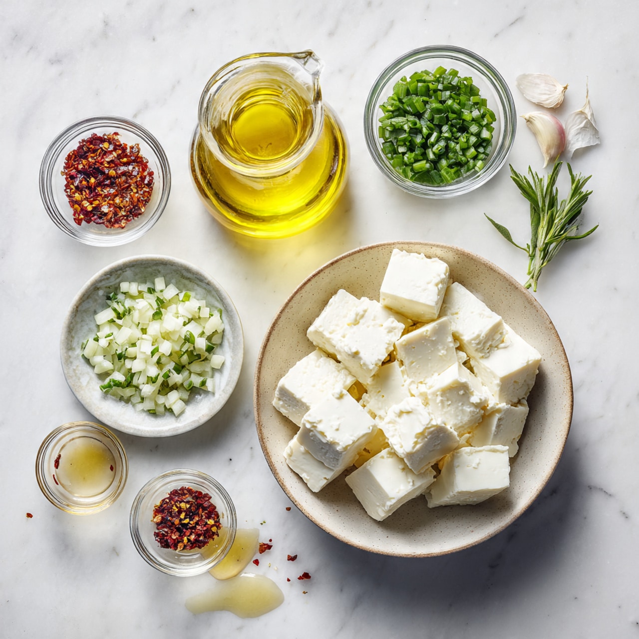 A clear glass jar filled with white cheese cubes, layered with green herbs and sprinkled with red chili flakes, sits on a rough tan stone slab. A fresh green herb branch rests on top of the jar. Behind the jar, there is a small glass of golden oil and a few white cheese pieces scattered on a white marbled surface, with a small blue flower near the stone slab. The background is a soft light gray. Photo taken with an iphone --ar 4:5 --v 7