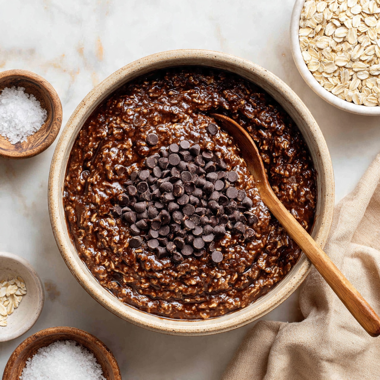 A large beige bowl filled with thick, dark brown oatmeal mixed with visible oats, topped with a pile of dark chocolate chips in the center. A wooden spoon rests inside the bowl, partially submerged in the oatmeal. To the top right of the bowl, there is a white bowl with oats, and to the bottom left, there are two small bowls, one with coarse salt and the other partially shown. The surface is a white marbled texture, and a beige cloth with soft folds is placed near the bowl. photo taken with an iphone --ar 4:5 --v 7