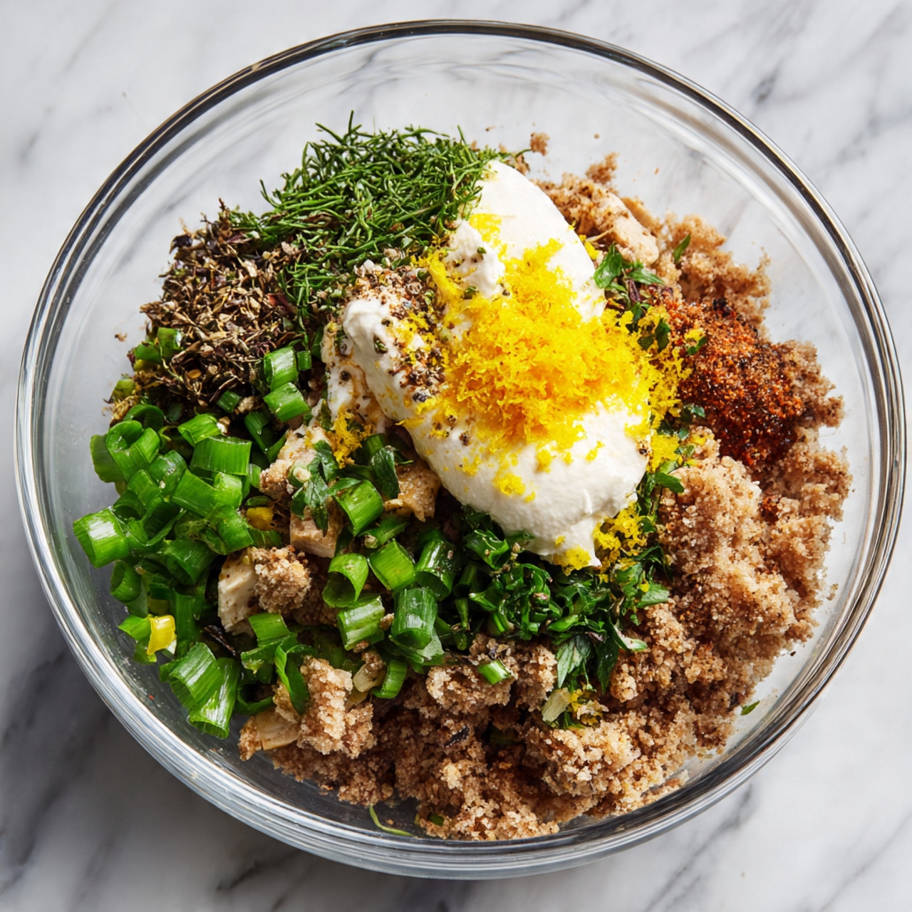 A clear glass bowl sits on a white marbled surface filled with layers of different ingredients. On the right side, there is a large amount of crumbled light brown mixture. On top of this, and mostly towards the center, are chopped light green onions, fresh dark green herbs, a pile of dark ground pepper, bright yellow lemon zest, and a dollop of thick white cream. The overall look shows the ingredients separate but ready to be mixed. Photo taken with an iphone --ar 4:5 --v 7