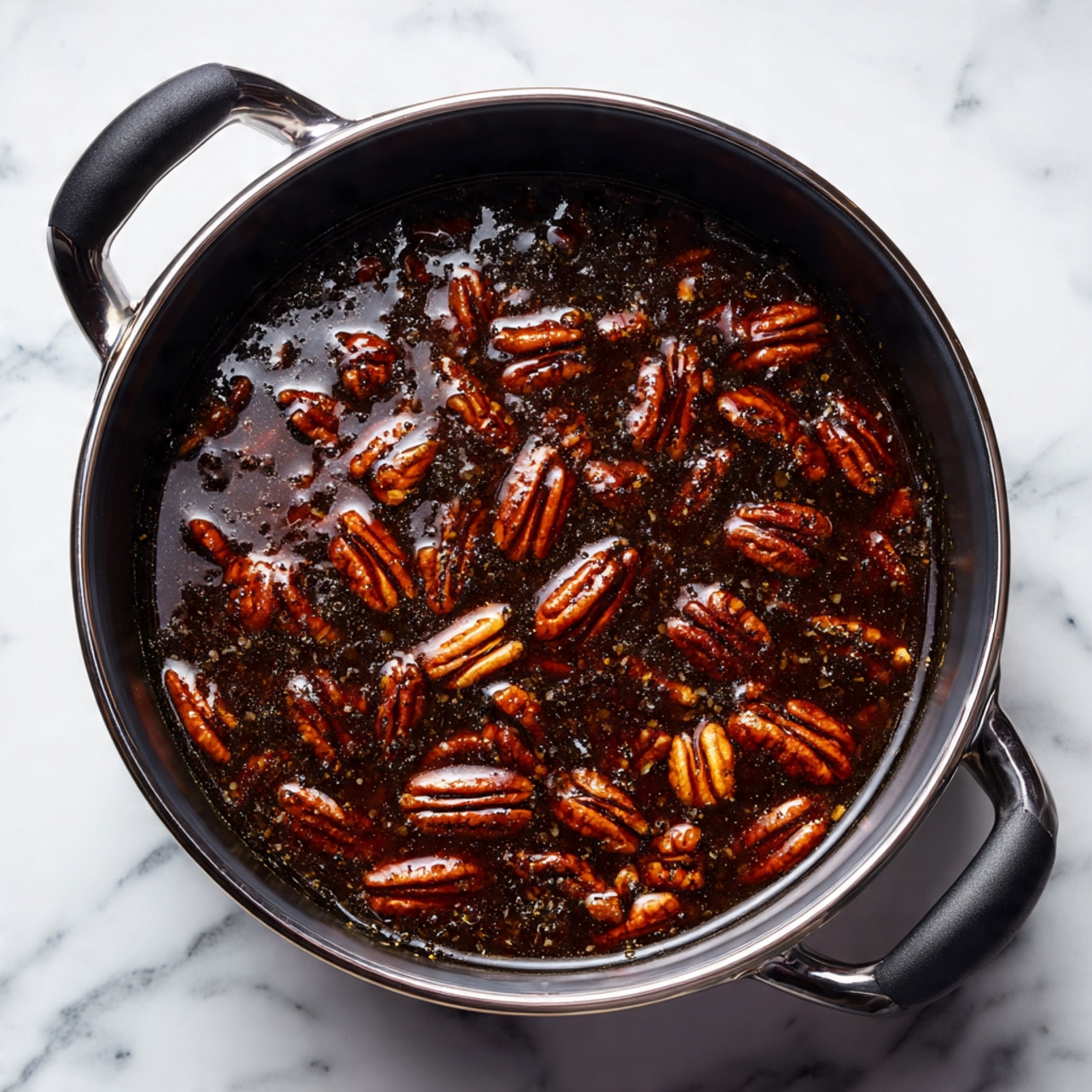 A small black pot with two handles, one longer and covered with a black grip, filled with dark brown syrup mixed with whole pecan halves floating on the surface, all set on a white marbled texture background. photo taken with an iphone --ar 4:5 --v 7