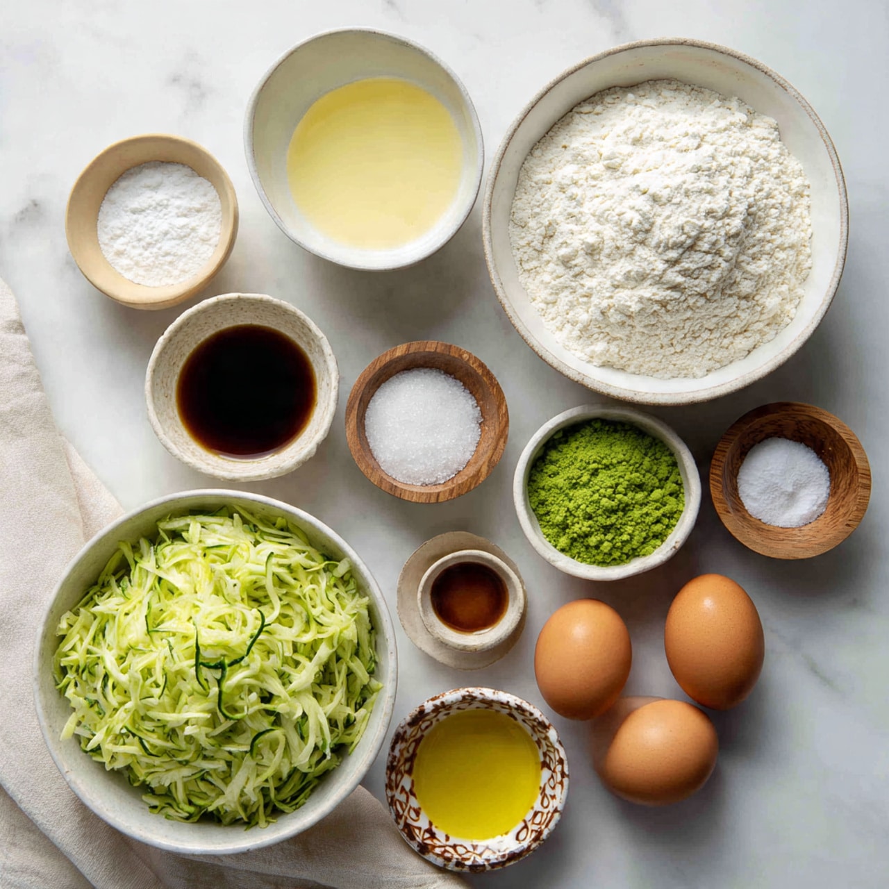 The image shows several white bowls and small wooden bowls placed on a white marbled surface with a light cloth nearby. The biggest white bowl on the lower left is filled with shredded green zucchini. To the right, another big white bowl contains white flour. Above the flour, a small white bowl holds bright green grated lime zest. Near the lime zest are two brown eggs in a small white bowl with a brown pattern. Three small wooden bowls are filled with salt, baking powder, and dark brown vanilla extract. On the upper left, a larger white bowl holds white sugar, next to it a smaller white bowl has pale yellow olive oil, and next to that, a small bowl contains light yellow lemon juice. photo taken with an iphone --ar 4:5 --v 7