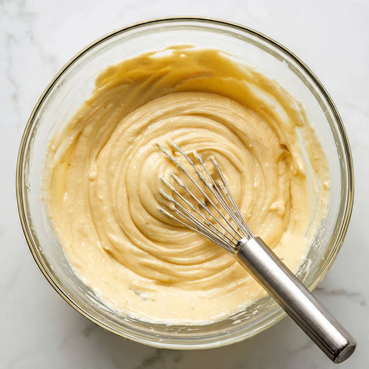 A clear glass bowl filled with smooth, thick, pale yellow batter that has a creamy and slightly lumpy texture. A metal whisk with a shiny silver handle is partially immersed in the batter, resting on the left side inside the bowl. The bowl sits on a white marbled surface that looks clean and bright. The batter covers the bottom and sides of the bowl evenly, showing a spiral mixing pattern from the whisk. photo taken with an iphone --ar 4:5 --v 7