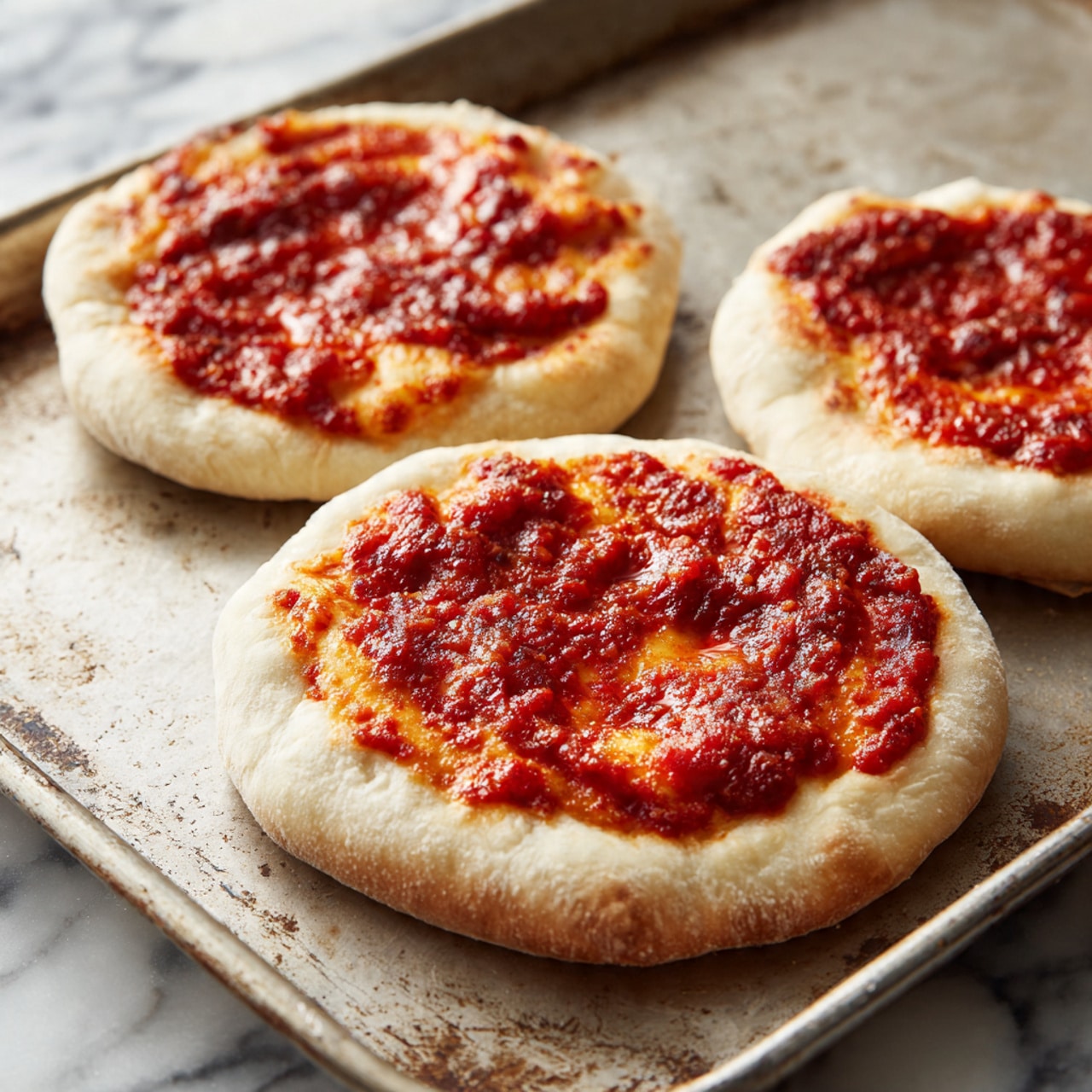 There are three small round mini pizzas placed on a worn silver metal baking tray, which has a rough, used texture. Each pizza has one layer of thick, light beige dough with slightly raised edges and a smooth surface. On top of each dough base is a layer of chunky red tomato sauce that covers the middle area but leaves the edges of the dough visible. The sauce has a bright red color with some darker red and orange spots where it is thicker, showing a rich texture. The background is a white marbled surface. photo taken with an iphone --ar 4:5 --v 7