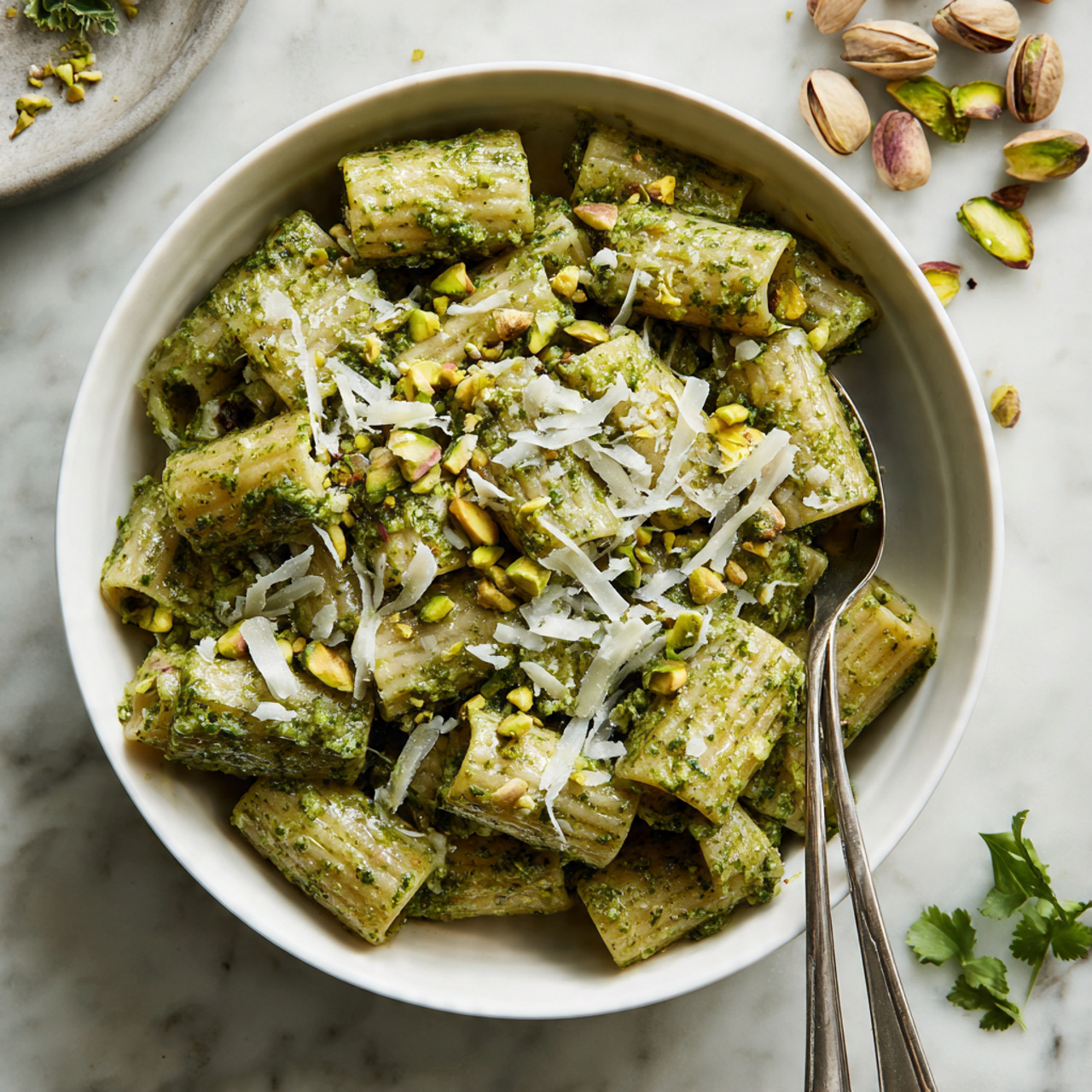 A white bowl filled with rigatoni pasta coated in a green pesto sauce, giving the pasta a textured, slightly chunky look. On top, there are small pieces of chopped pistachios scattered evenly, along with fine shreds of white cheese sprinkled throughout. A silver spoon rests inside the bowl on the right side. The scene is set on a white marbled surface with a few pistachio nuts and green herb leaves around the bowl. Photo taken with an iphone --ar 4:5 --v 7