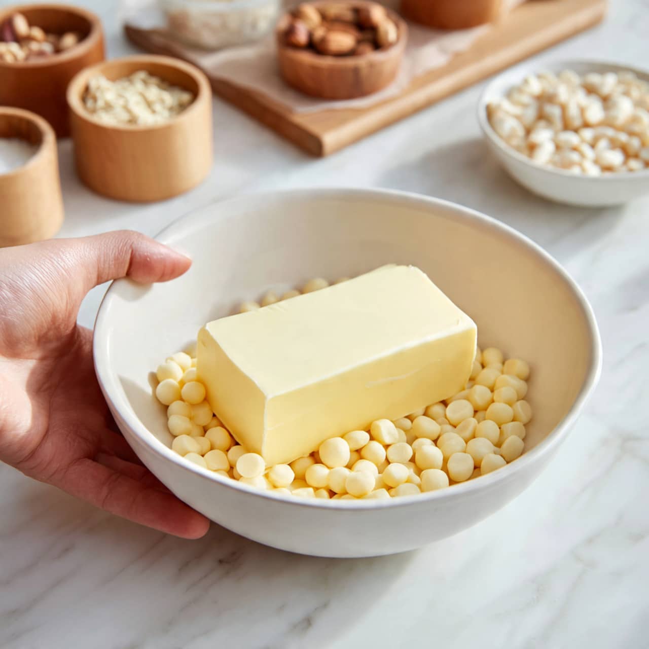 A white bowl sits on a white marbled surface, filled with small, pale yellow round pieces at the bottom, topped with a rectangular bar of butter in the center. In the background, there are small wooden containers holding various light-colored ingredients, and a small white bowl filled with white nuts. A woman's hand is gently holding the side of the bowl. photo taken with an iphone --ar 4:5 --v 7